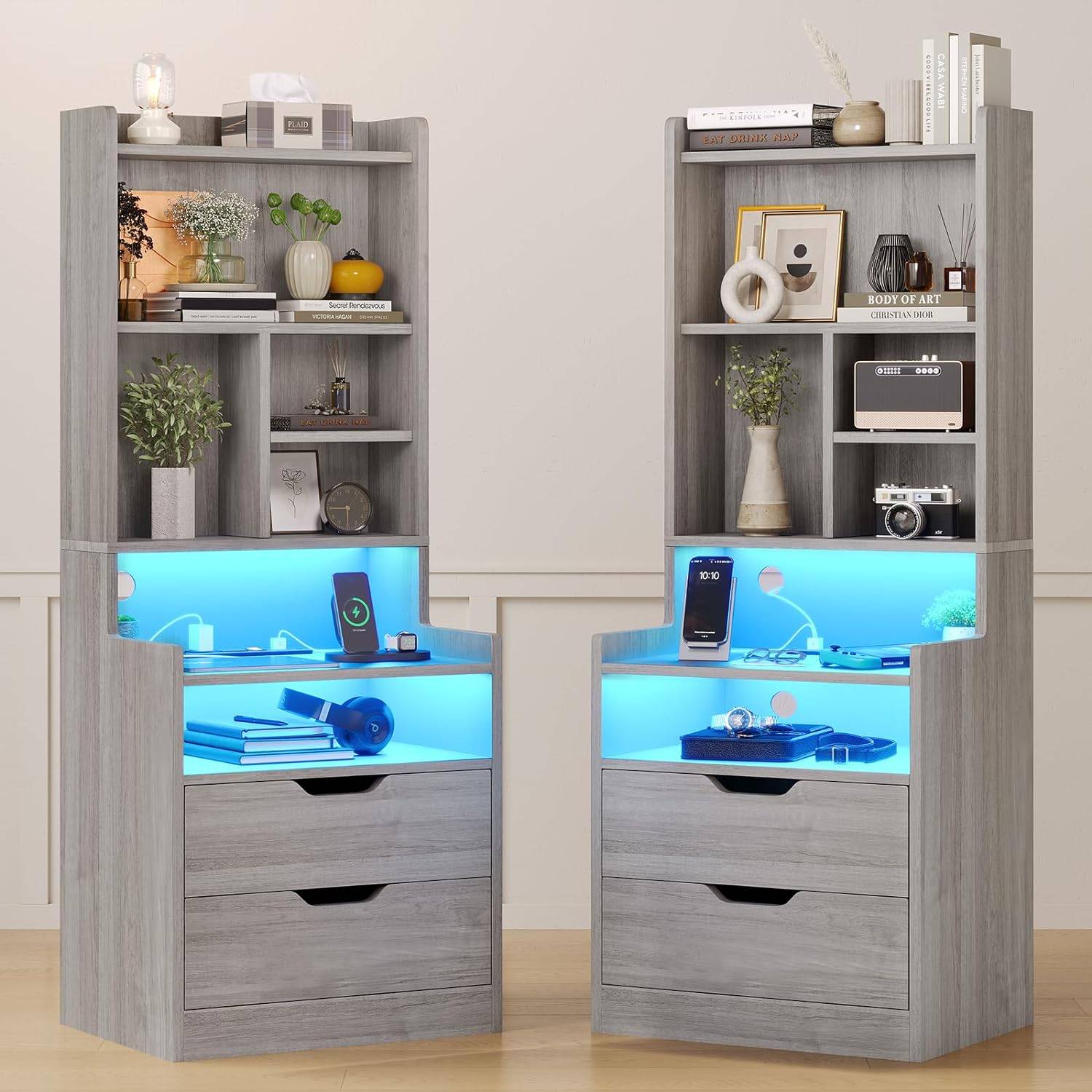 Sikaic Nightstand 2PCS LED Nightstand with Bookshelf Charging Station Grey Grey / Modern