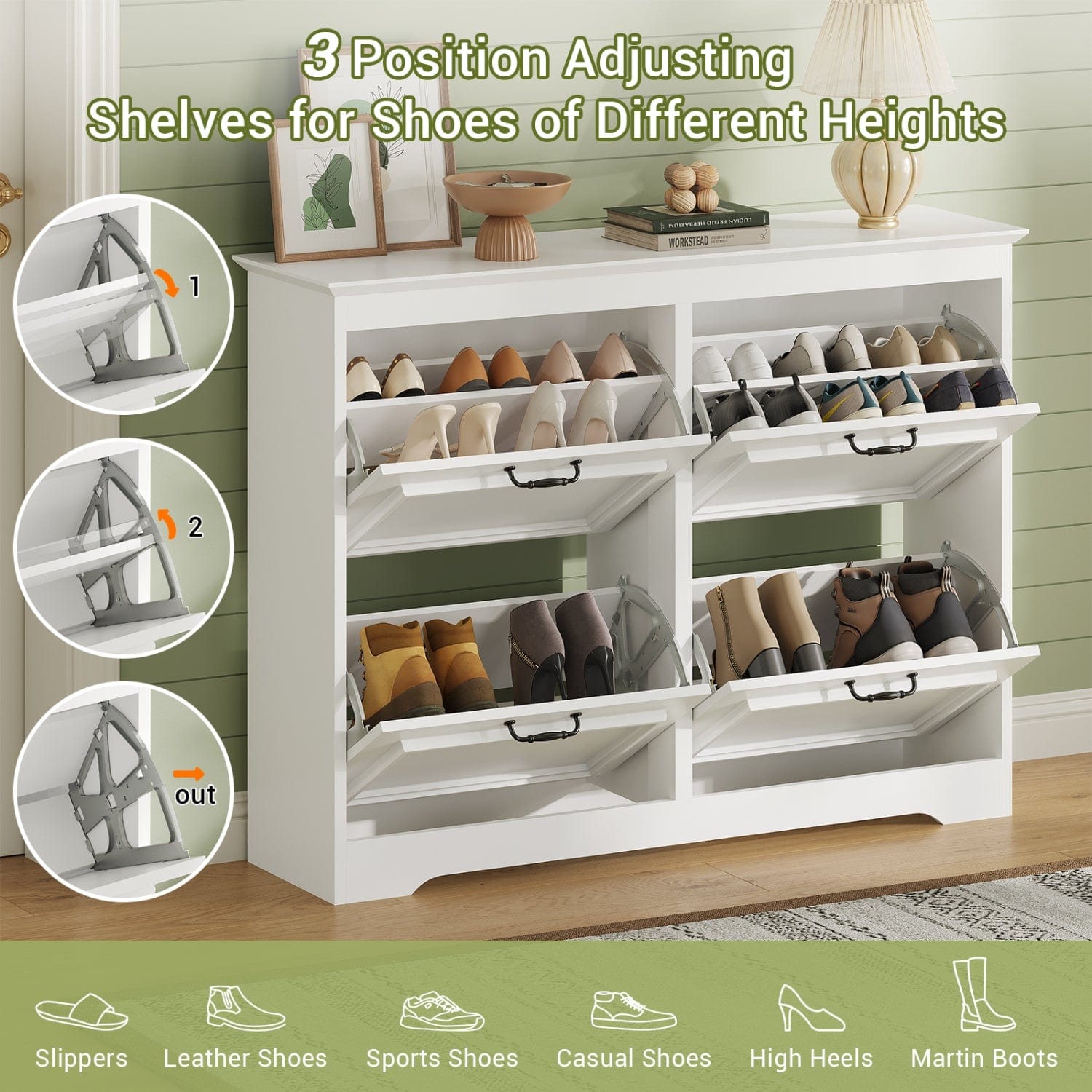 Sikaic Shoe Benches Shoe Benches with 4 Flip Drawers White White / Engineered Wood / Modern