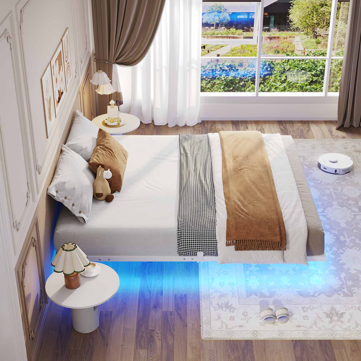 Sikaic Bed Frame Floating Bed Frame with LED Lights Metal Platform No Box Spring Needed White