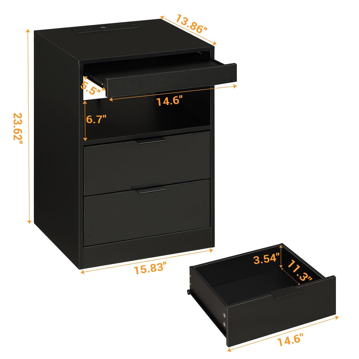 Sikaic Nightstand Nightstand with Pull-Out Shelf Wireless Charging Station and LED Lights Black