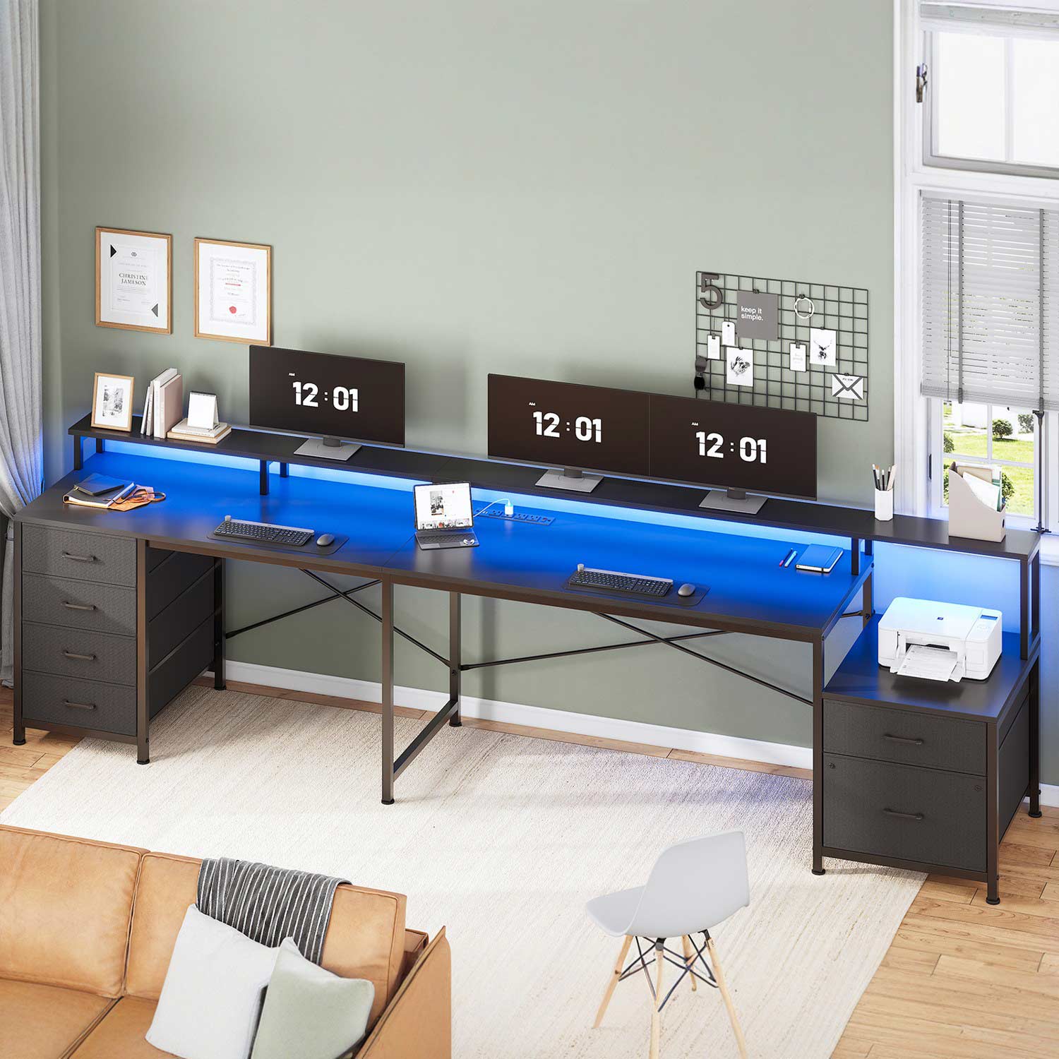 Sikaic Gaming Desk 108 Inches L Shaped  Led Lights Two Person Gaming Desk with 6 Drawers File Drawer & Power Outlet Monitor Shelf File Cabinet Black