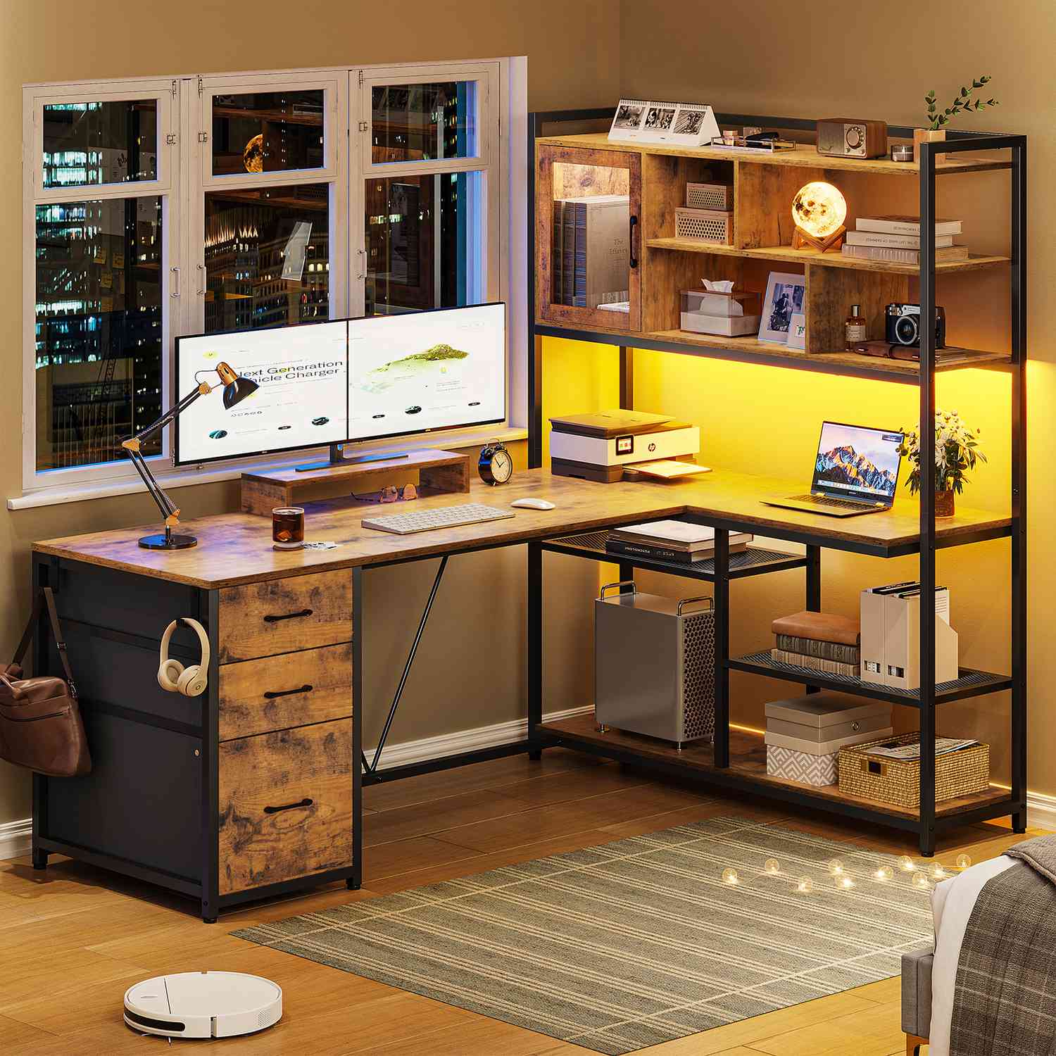 Sikaic Gaming Desk 58 Inches L Shaped Gaming Desk with LED Light 3 Drawers and Bookshelf Storage Shelves Brown