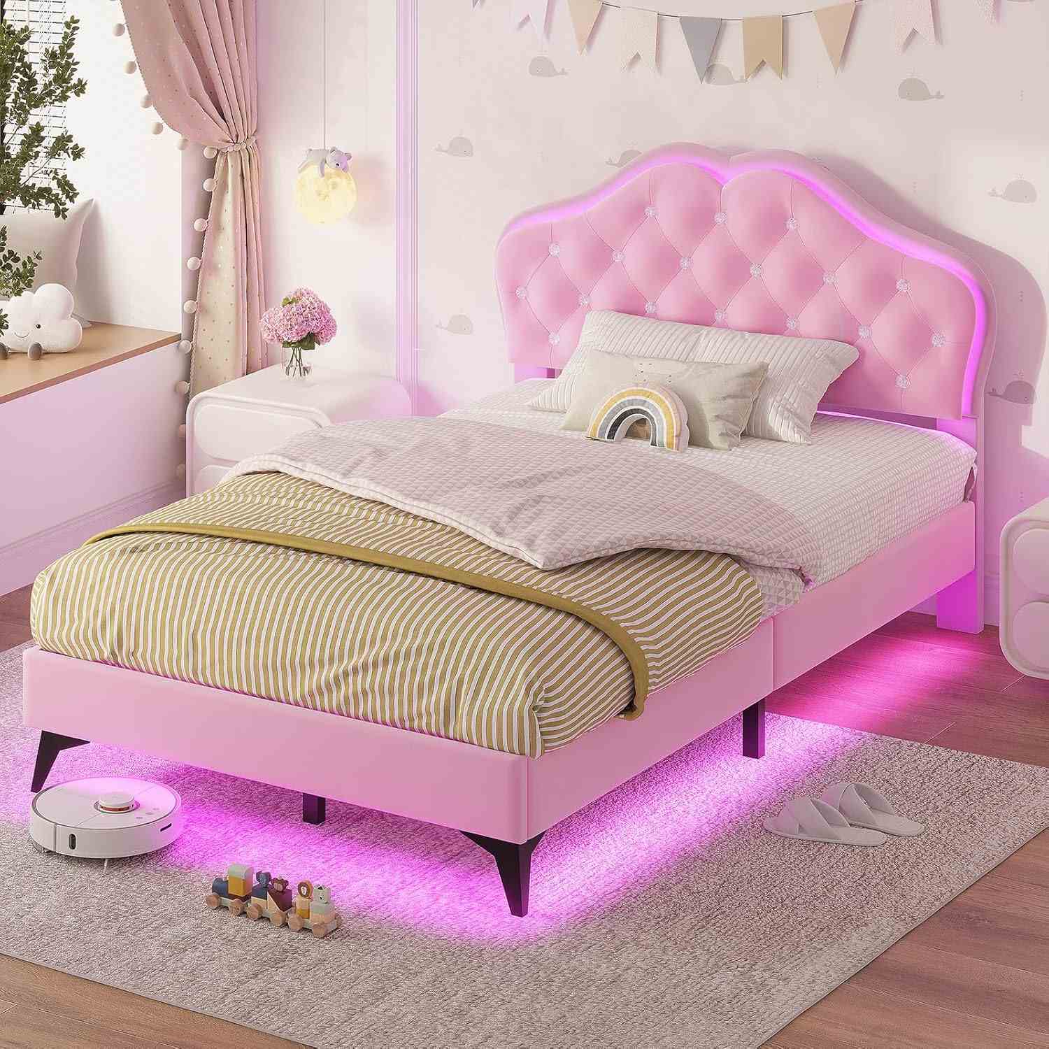 Sikaic Bed Frame Velvet Princess Platform RGB LED Bed Frame with Storage Drawers and Adjustable Crystal Button Headboard Creamy Pink Pink / Twin Size