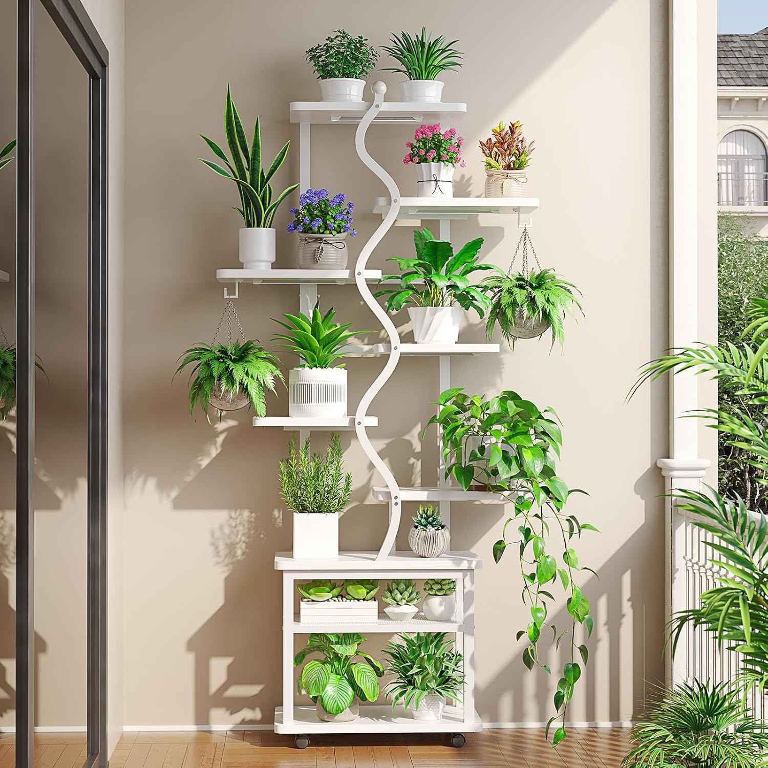 Sikaic Plant Stand 71 Inches S-Shaped Plant Stand Indoor with Grow Lights Rustic White White / Engineered Wood / Modern