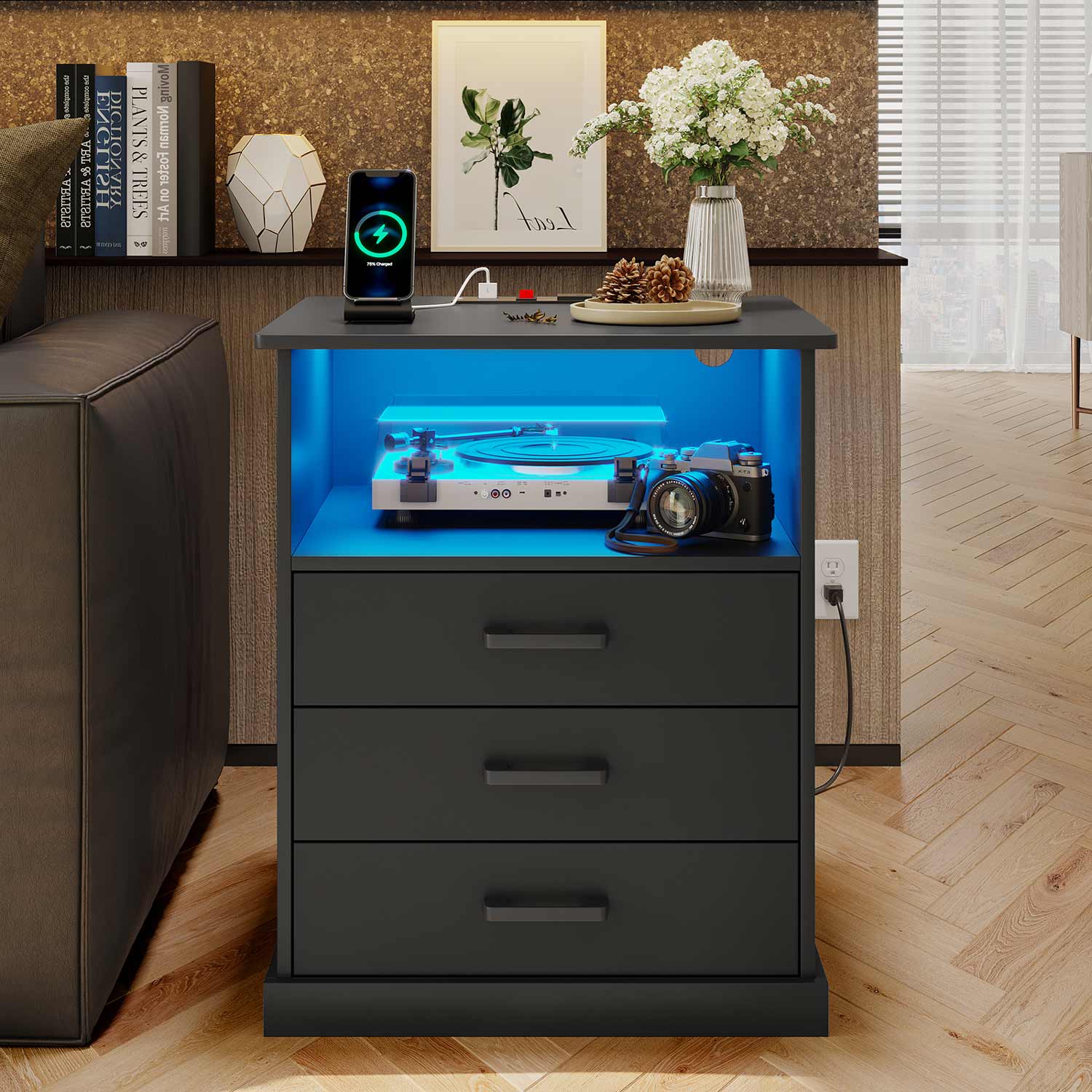 Sikaic Nightstands LED Nightstand with Charging Station 3 Storage Drawers Black
