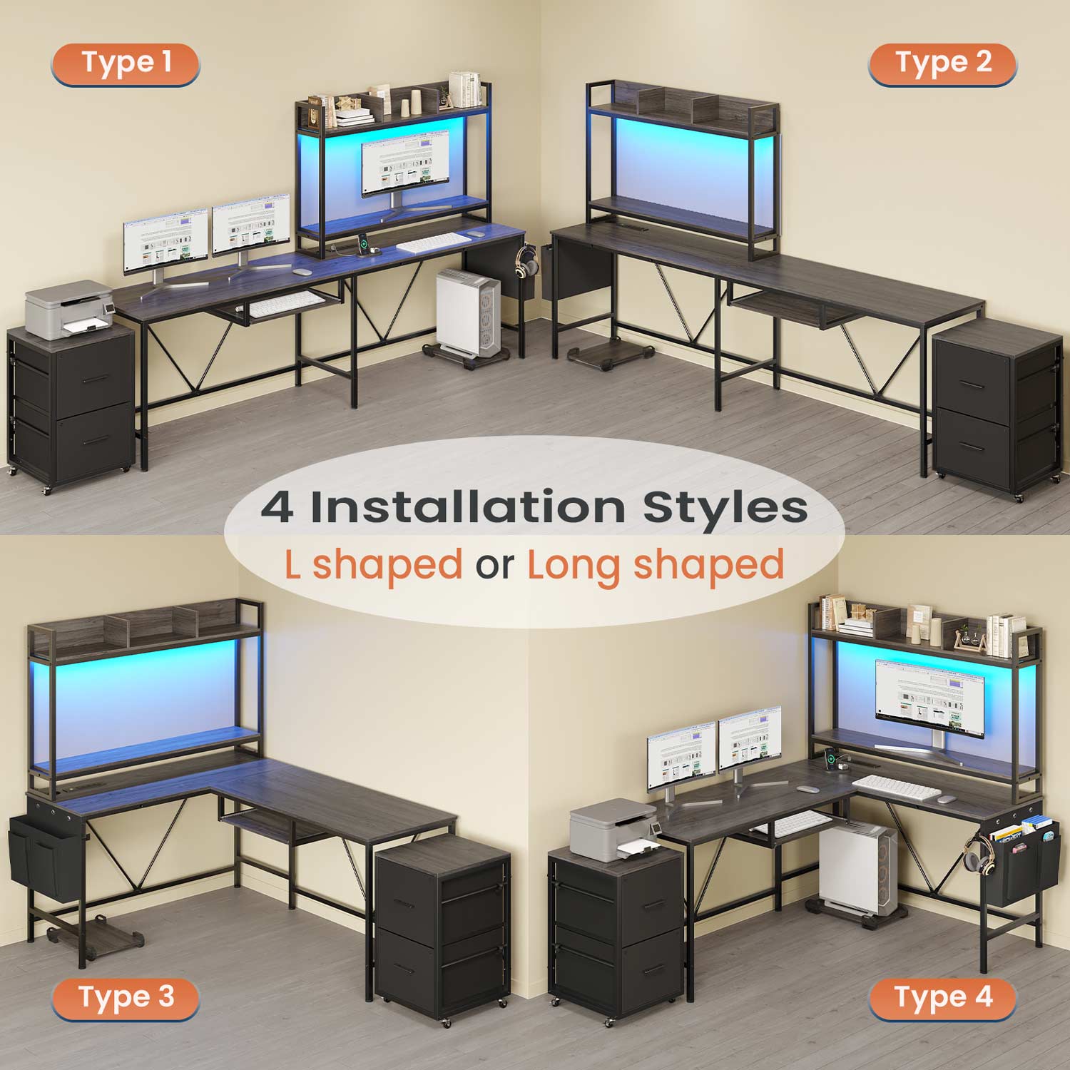 Sikaic Gaming Desk 67 Inches Led L Shaped Reversible Corner Gaming Desk with Power Outlet & Drawer File Cabinet Keyboard Tray Dark Grey