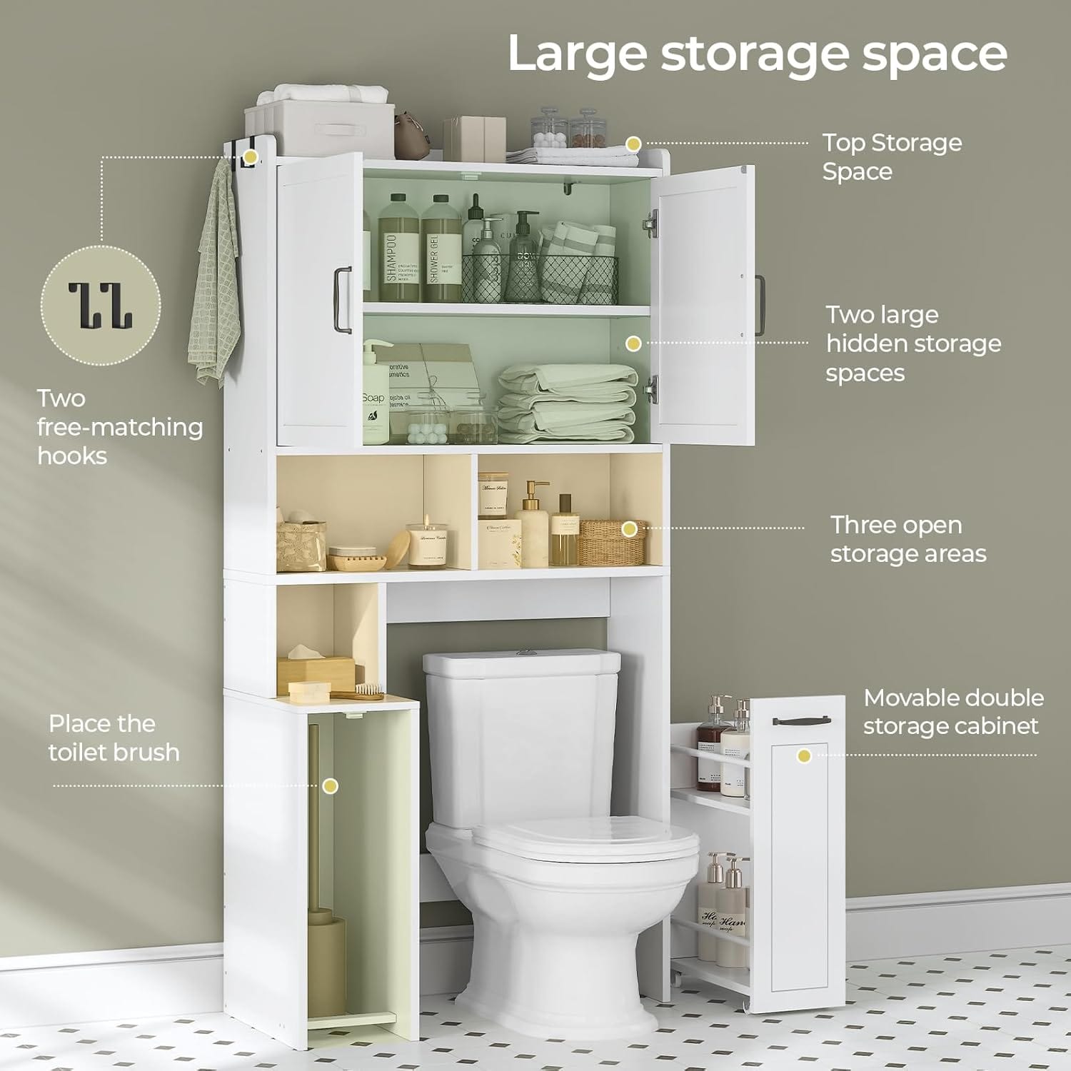 Sikaic Over The Toilet Storage Cabinet Over The Toilet Storage Cabinet with Pulley White White / Engineered Wood / Modern
