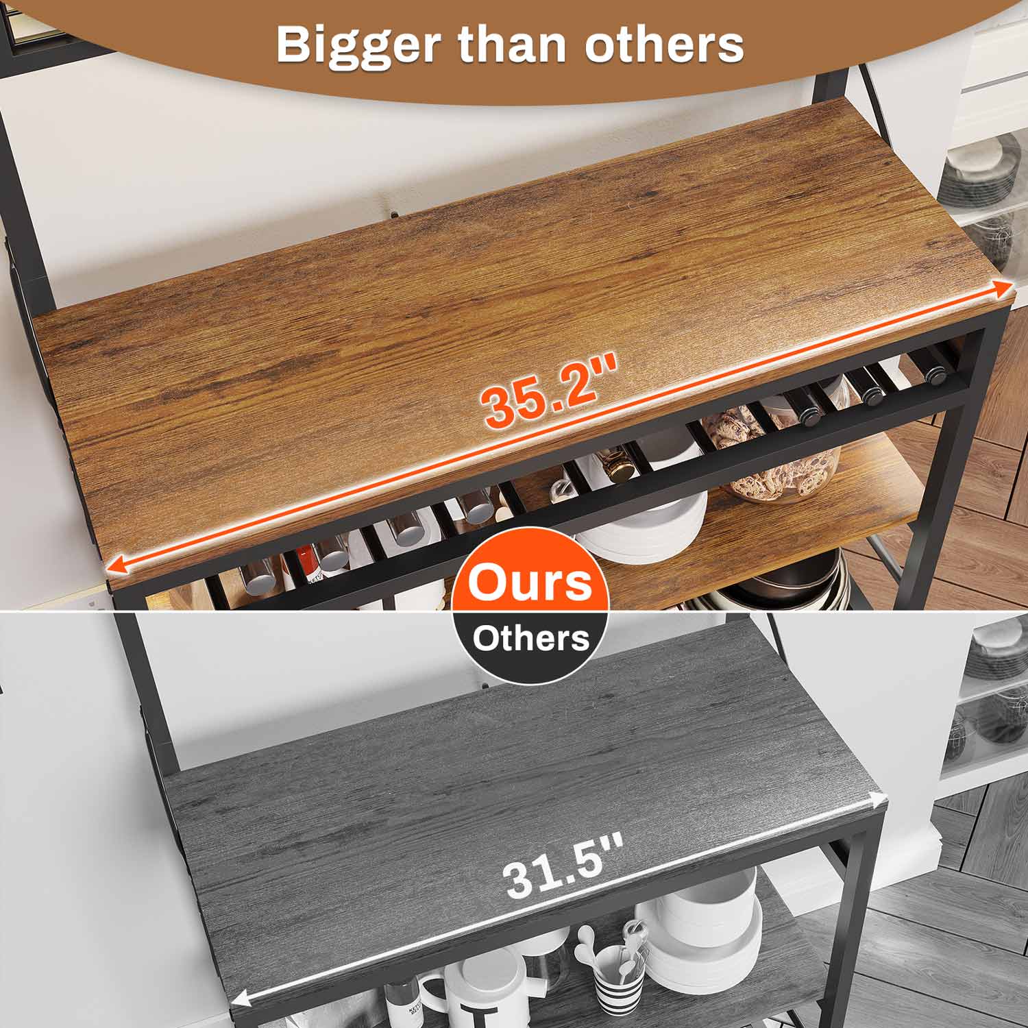Sikaic Bakers Rack LED Bakers Rack with Power Outlet Storage Brown