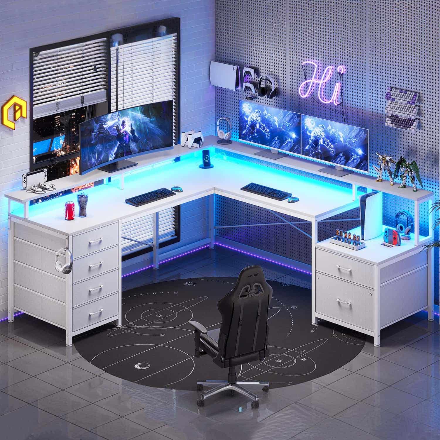 Sikaic Gaming Desk 108 Inches L Shaped  Led Lights Two Person Gaming Desk with 6 Drawers File Drawer & Power Outlet Monitor Shelf File Cabinet White