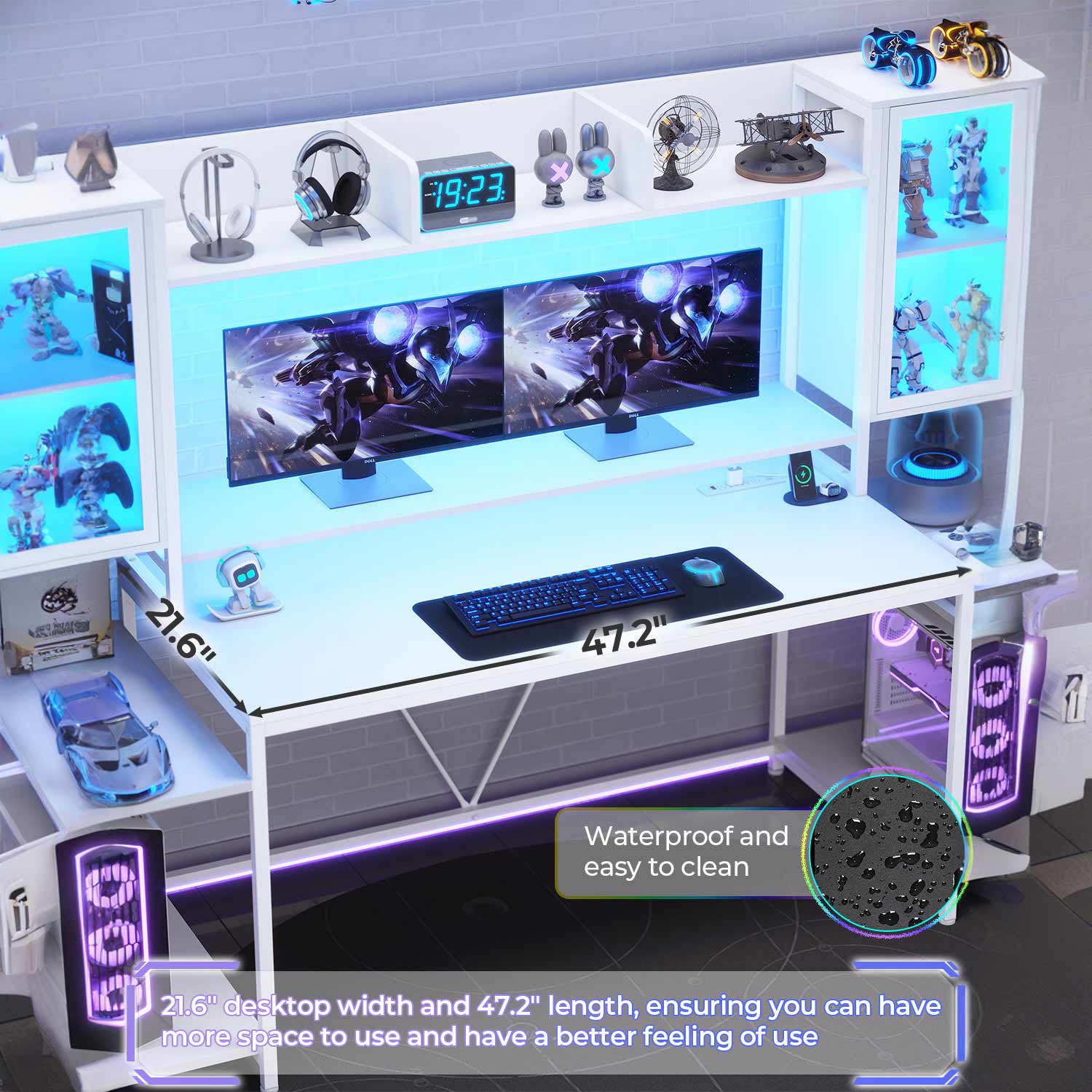 Sikaic Gaming Desk 74.8 Inches Large PC Ergonomic Gaming Desk with LED Lights Hutch and Storage Shelves Monitor Stand White