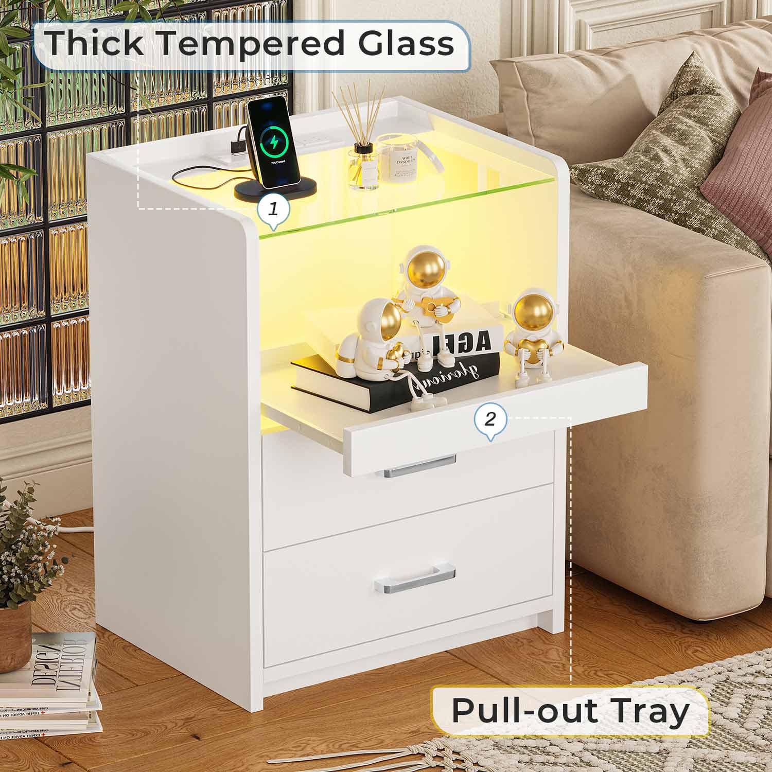 Sikaic Nightstand LED Nightstand with Charging Station Drawers White