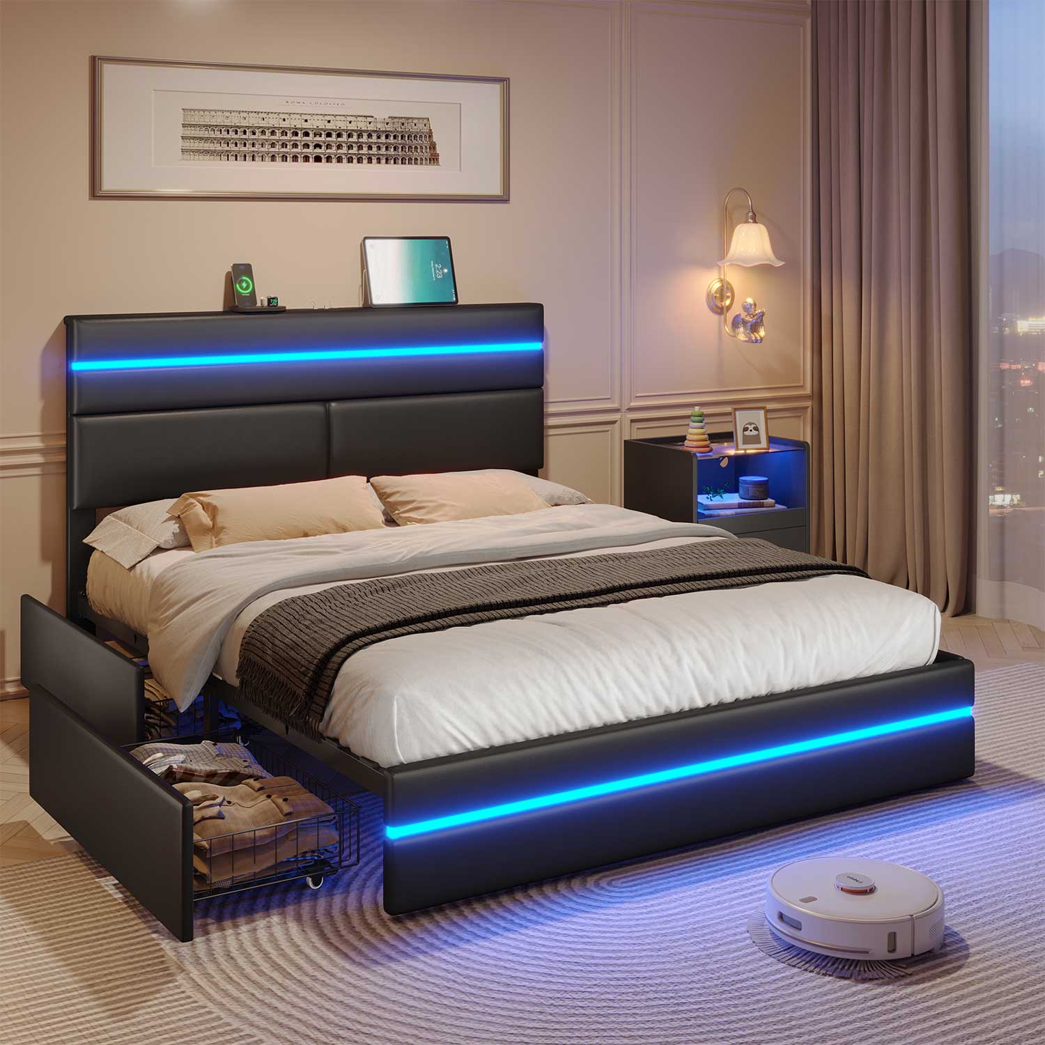Sikaic Bed Frame Platform Metal Bed Frame with Charging Station and  LED Lights Headboard & 4 Drawers No Box Spring Needed Black