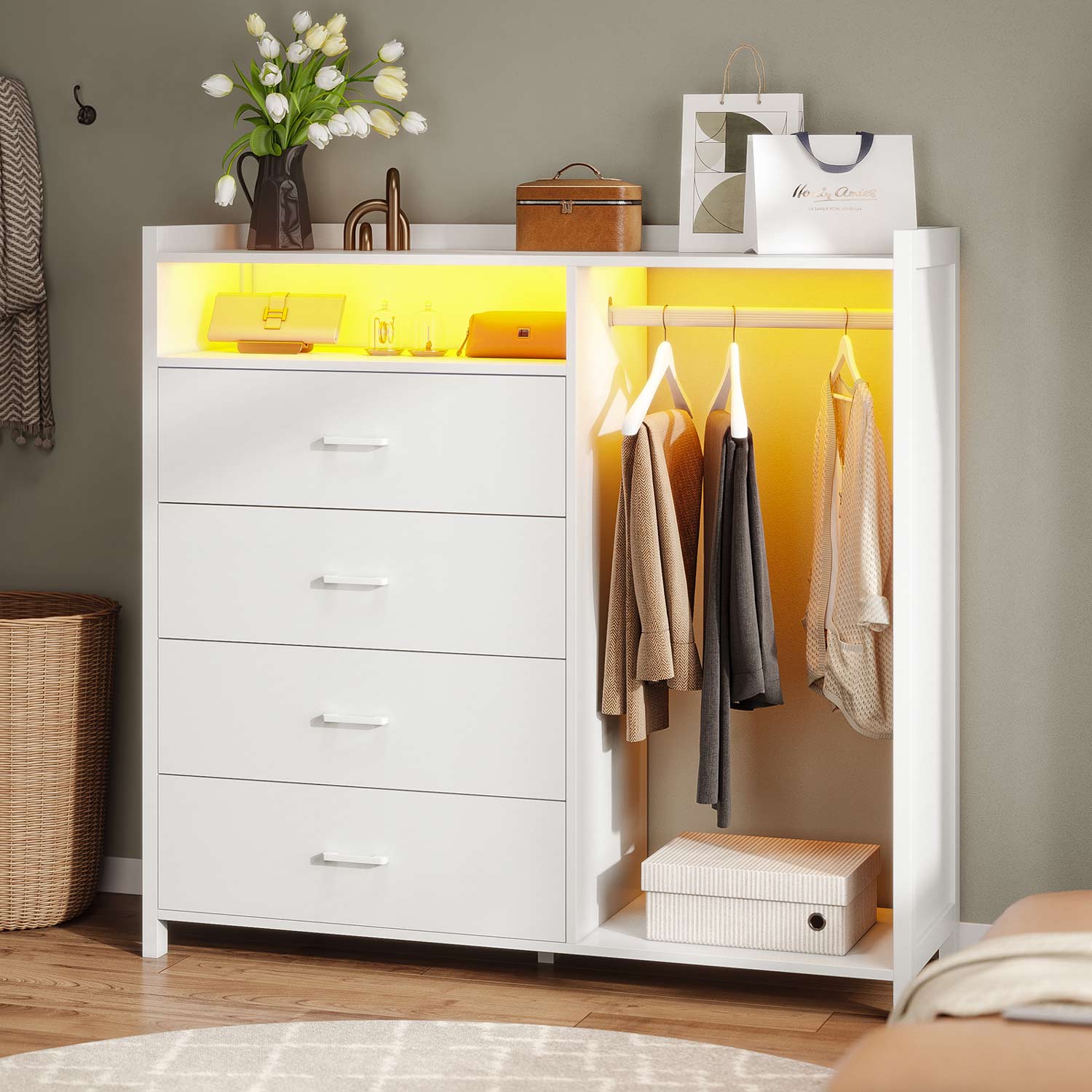Sikaic Dresser 4 Drawers Long LED Lights Dresser with A Clothes Rack & Anti-Toppling Measures White
