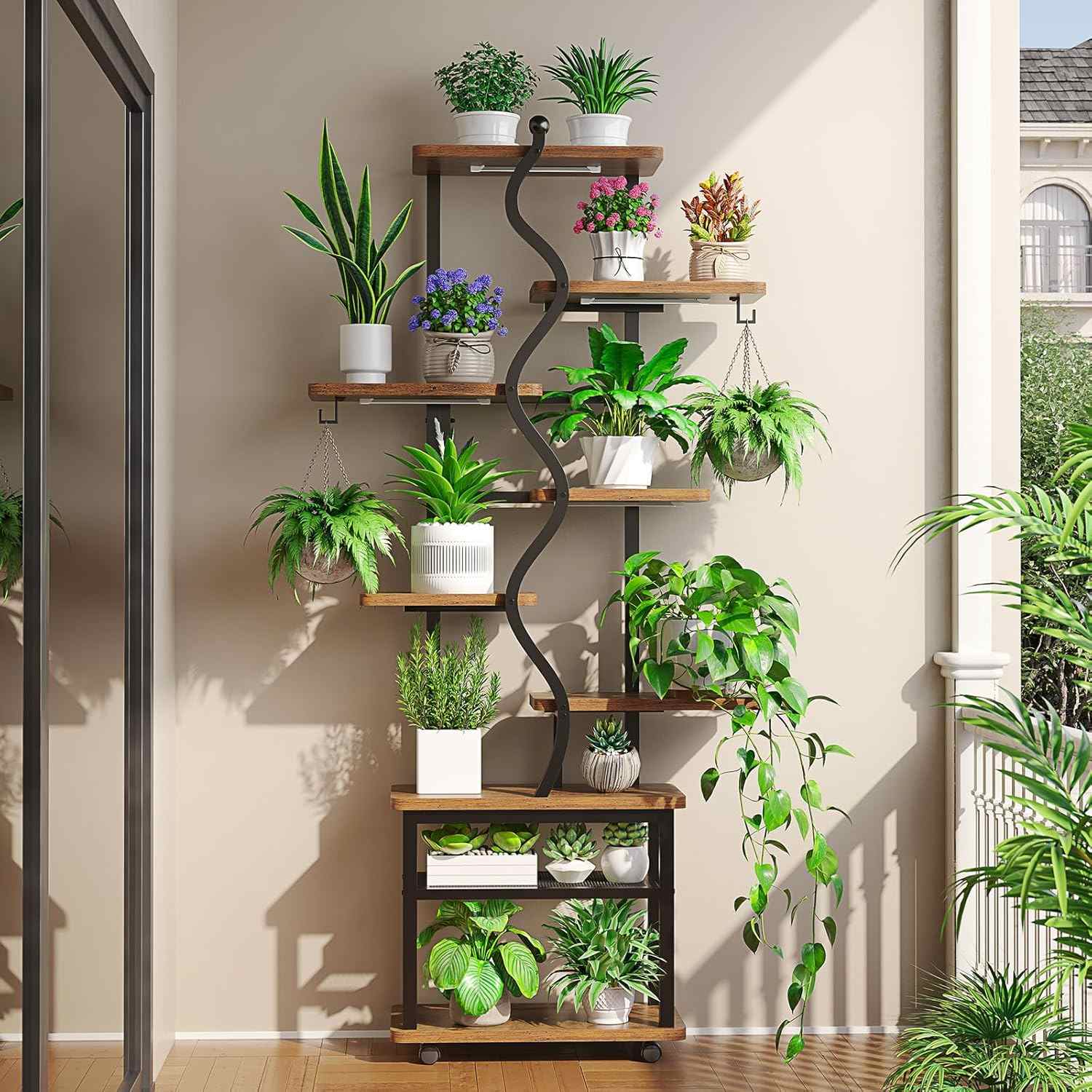 Sikaic Plant Stand 71 Inches S-Shaped Plant Stand Indoor with Grow Lights Rustic Brown Brown / Engineered Wood / Modern