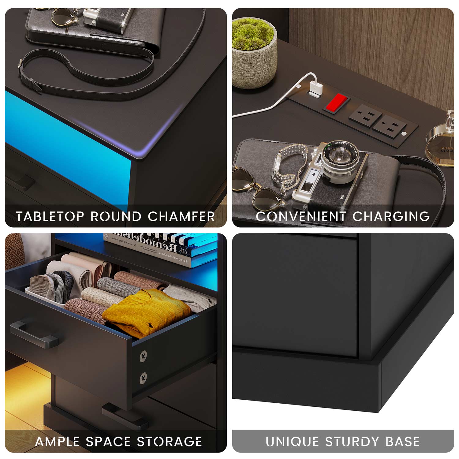 Sikaic Nightstands LED Nightstand with Charging Station 3 Storage Drawers Black