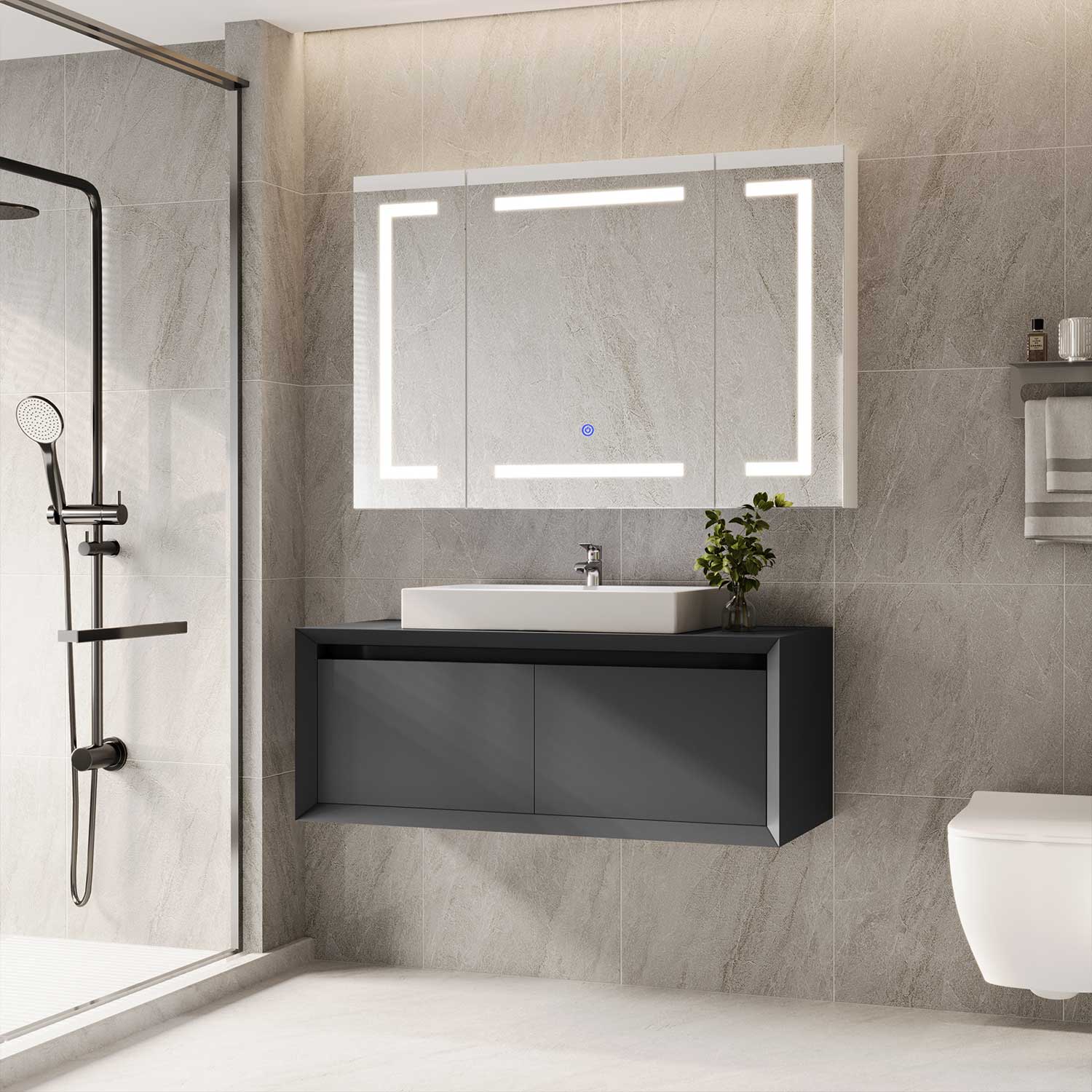 Sikaic Medicine Cabinets 3 Doors Wall Mounted Vanity Medicine Cabinet Mirror with Storage Shelves and 2 Outlets White