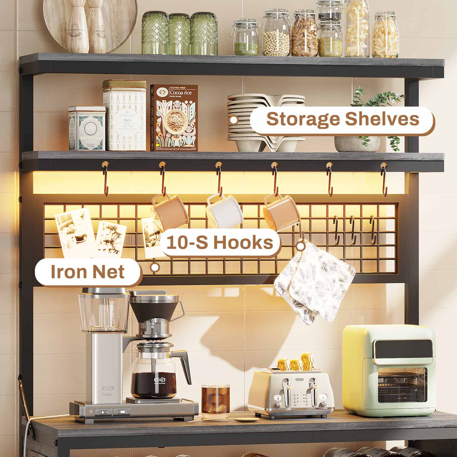 Sikaic Bakers Rack LED Bakers Rack with Power Outlet Storage Grey
