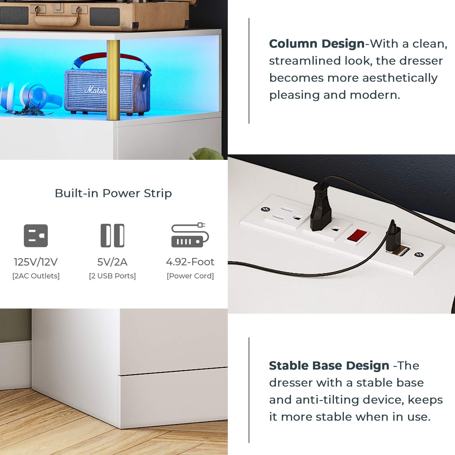Sikaic Dresser 6 Drawers Led Wide Dresser with Column Design & Charging Station White