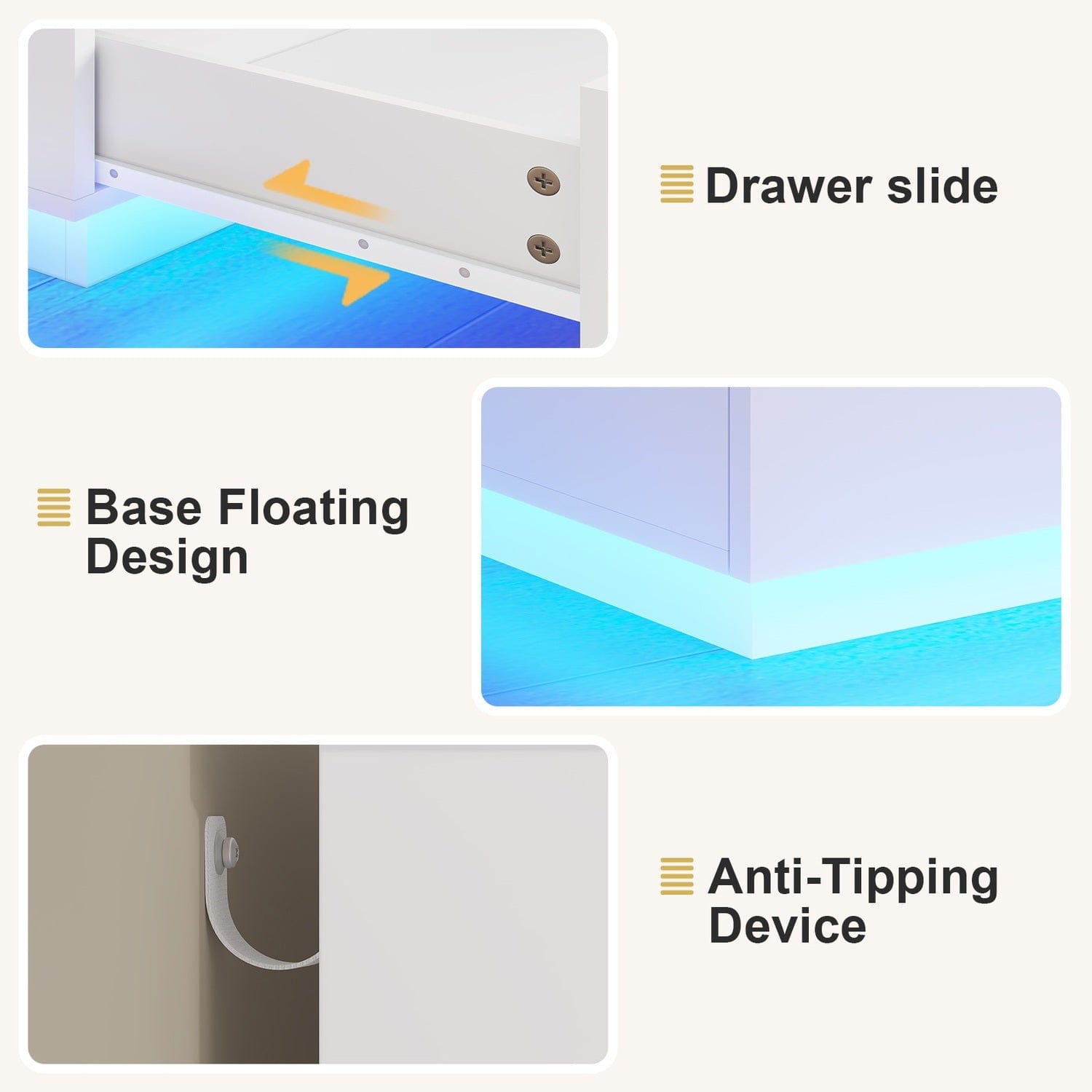 Sikaic Dresser Modern Floating White Dresser Chest of 5 Drawers with Pull-Out Shelf and Open Storage & LED Lights