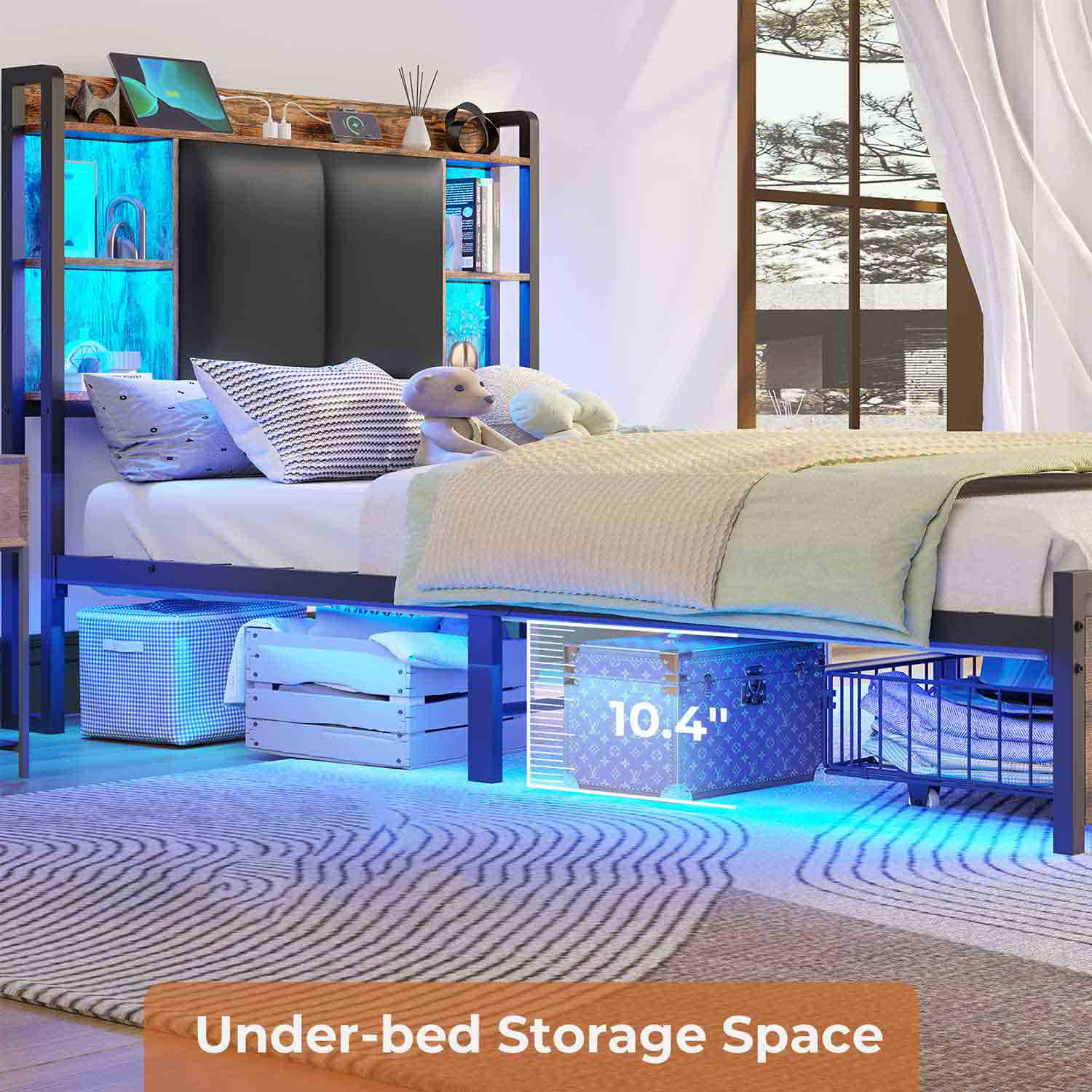 Sikaic Bed Frame Twin Bed Frame with Upholstered Storage Headboard and LED Lights Charging Station & Drawers Vintage Brown and Black