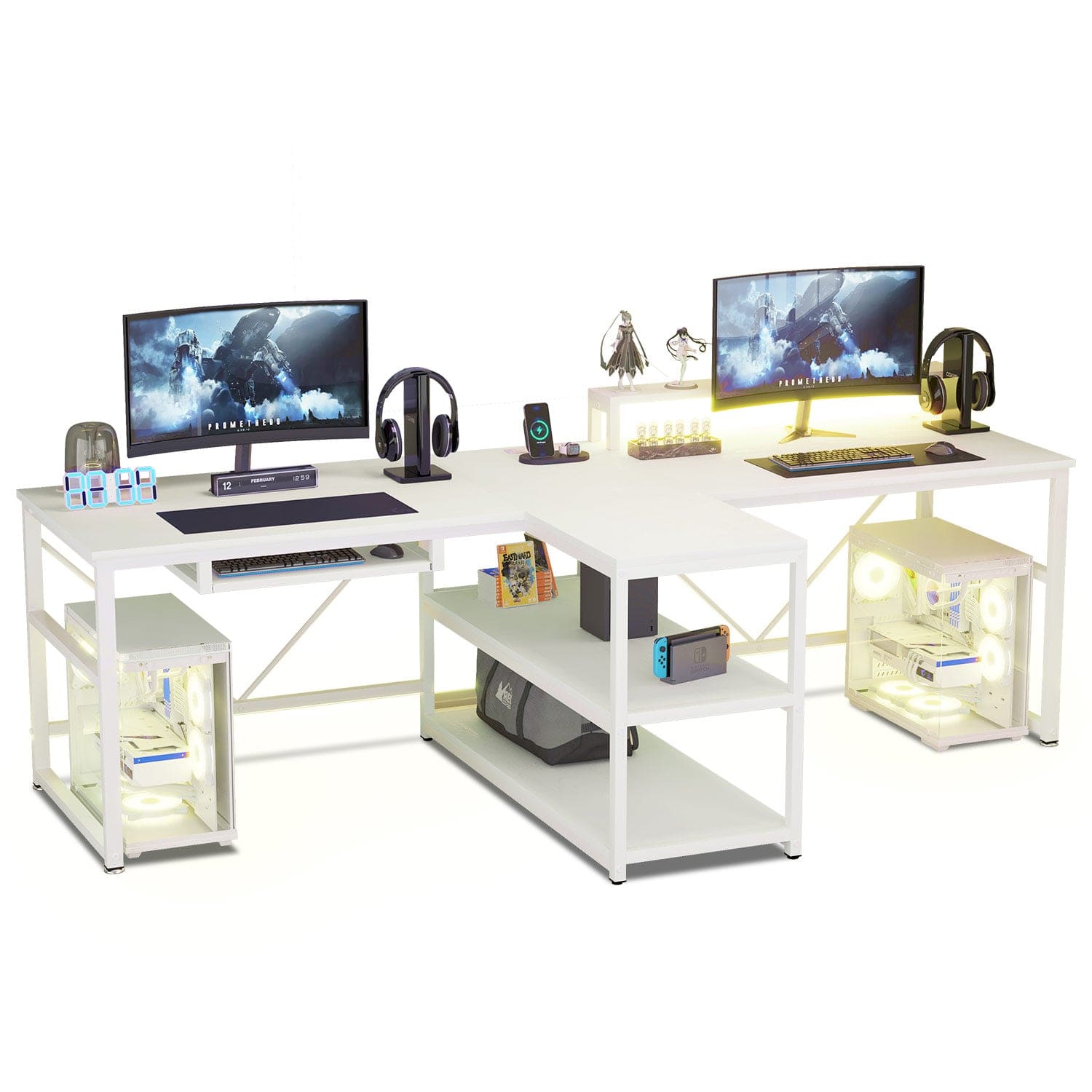 Sikaic Gaming Desk 94.5 Inches T Shaped 2 Person Gaming Desk with Storage White White / Metal / Modern