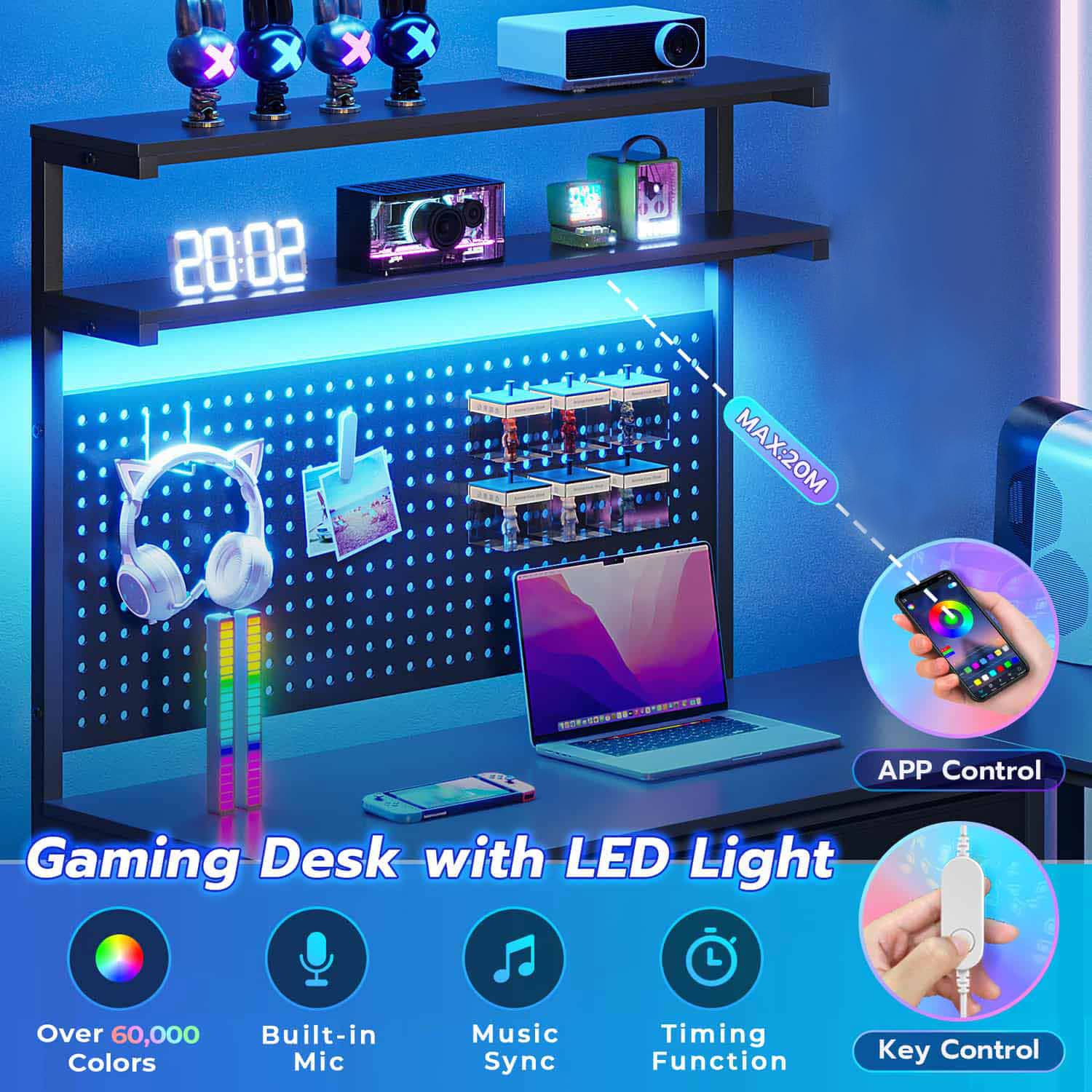 Sikaic Gaming Desk L Shaped Reversible LED Gaming Desk with Hutch Pegboard and Storage Shelves Drawers & Monitor Stand Black
