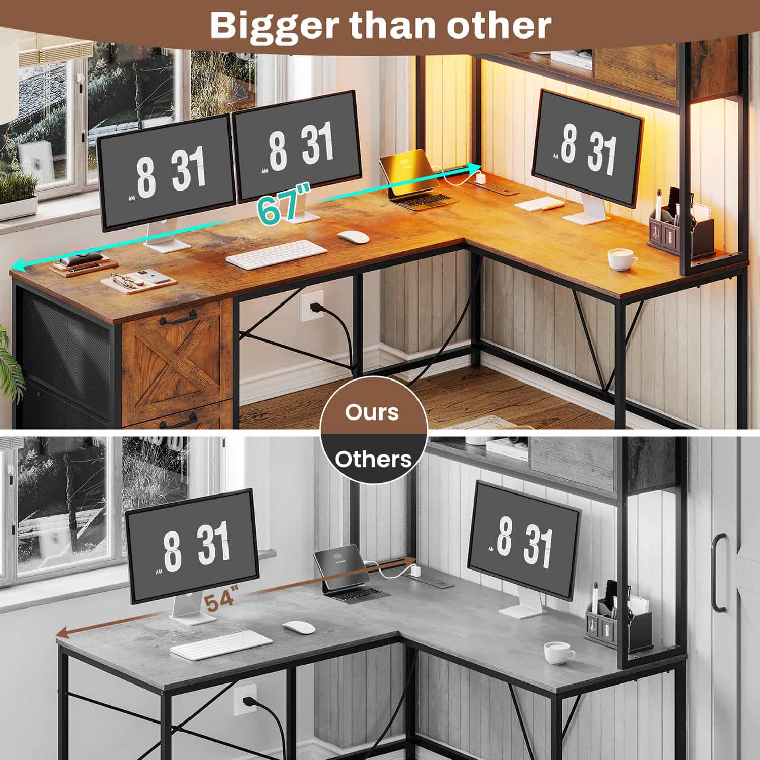 Sikaic Gaming Desk LED lights L Shaped Gaming Desk with Fabric File Drawers and Power Outlet Hutch & Storage Shelves Rustic Brown