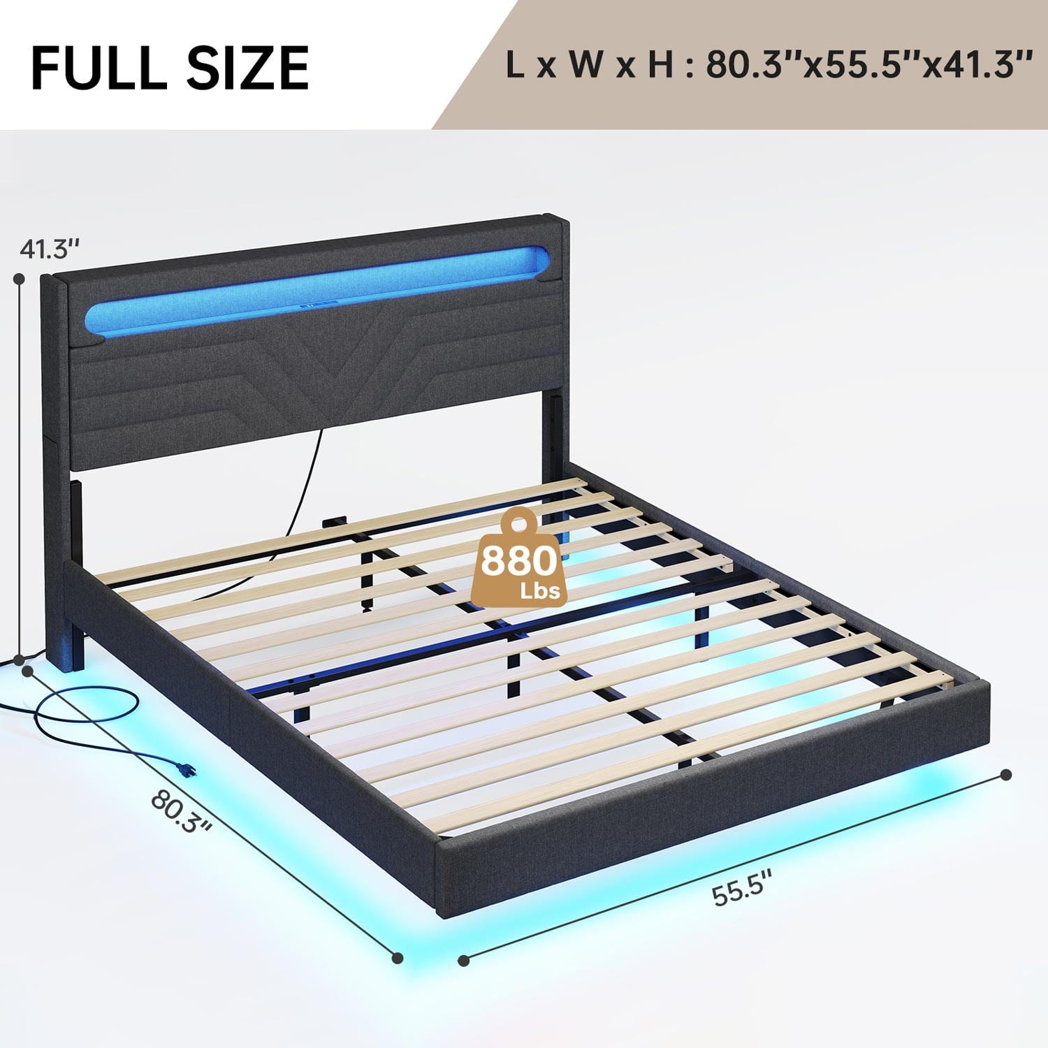 Sikaic Bed Frame LED Bed Frame with Charging Station Storage Headboard Black