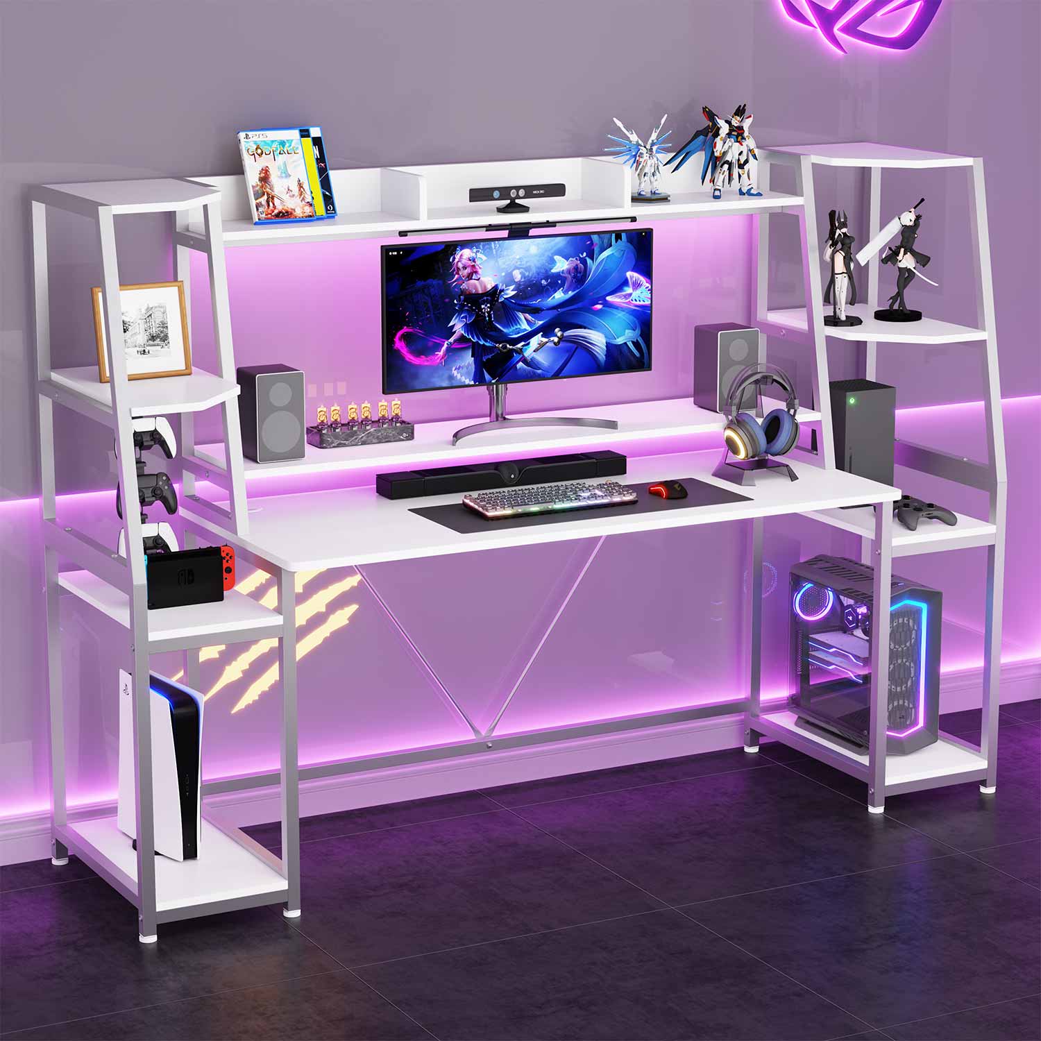 Sikaic Gaming Desk Sikaic 78.8 Inches Large PC Gamer Ergonomic Gaming Desk with LED Lights Hutch White