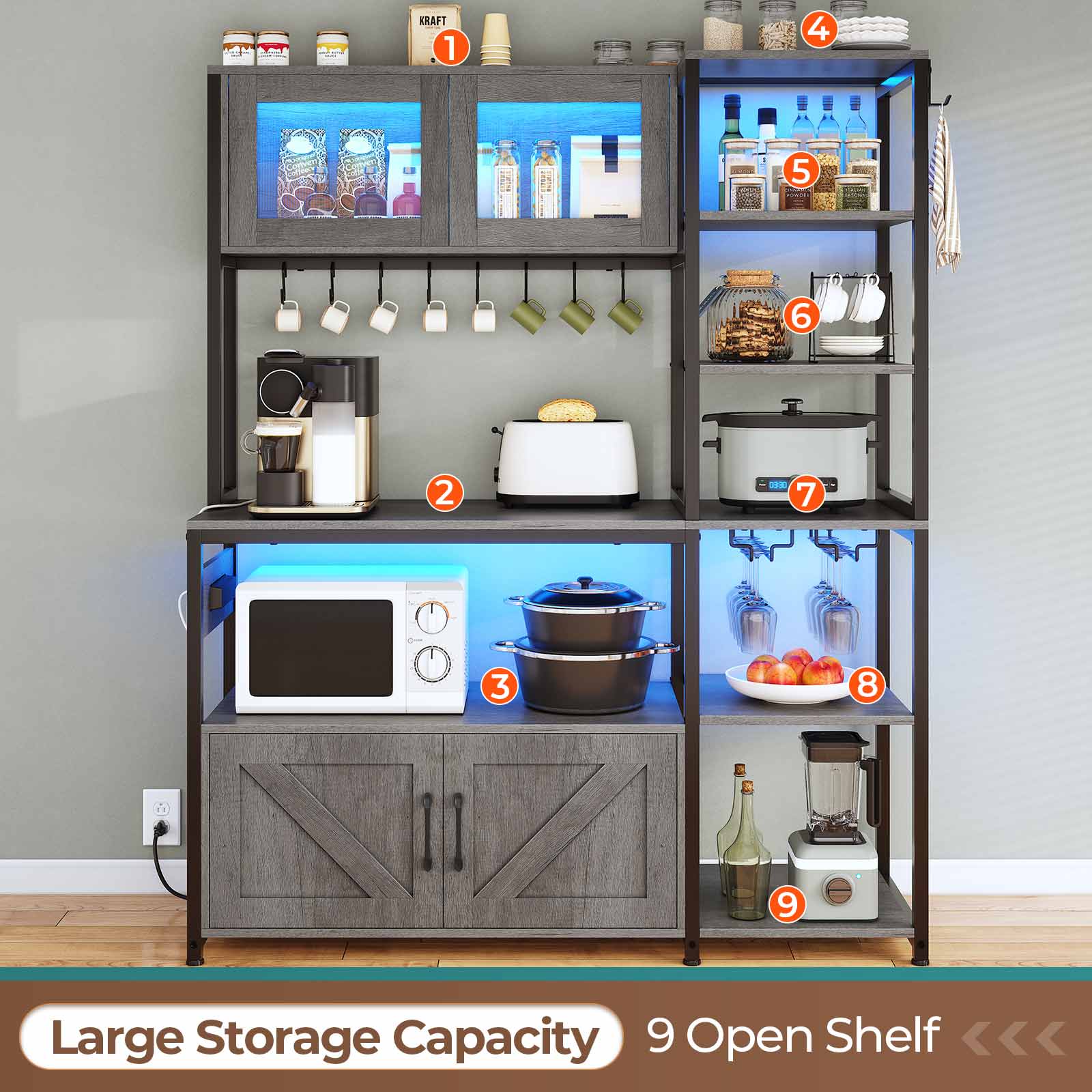 Sikaic Coffee Bar 45.3 Inches Farmhouse Coffee Bar Bakers Rack with Power Outlet and LED Light  Cabinet Kitchen with Storage Grey