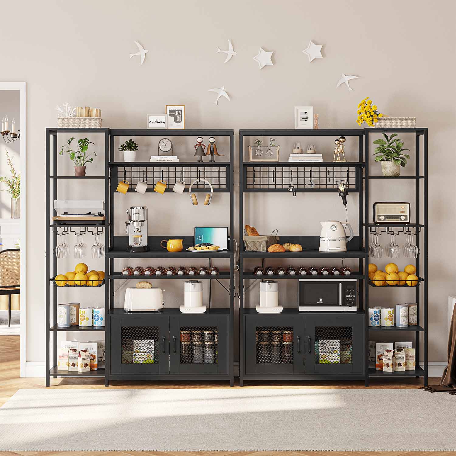 Sikaic Coffee Bar Coffee Bar Bakers Rack with Power Outlet Kitchen Microwave Stand Wire Basket Metal Grid Wine Rack Goblet Holder Hooks Black