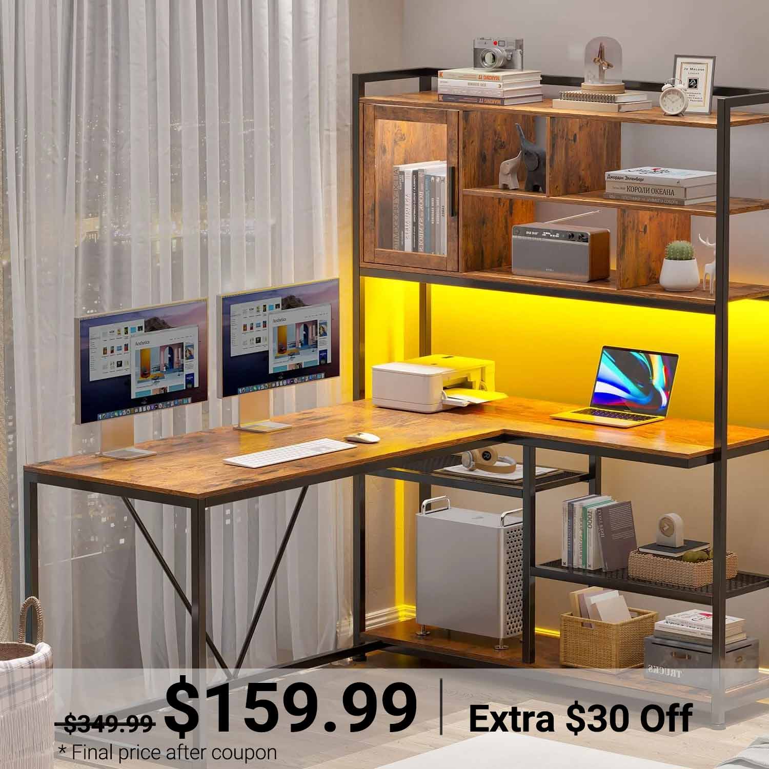 Sikaic Gaming Desk 58 Inches L Shape Corner LED Gaming Desk with Bookshelf Storage Shelves Brown Brown / Engineered Wood / Modern
