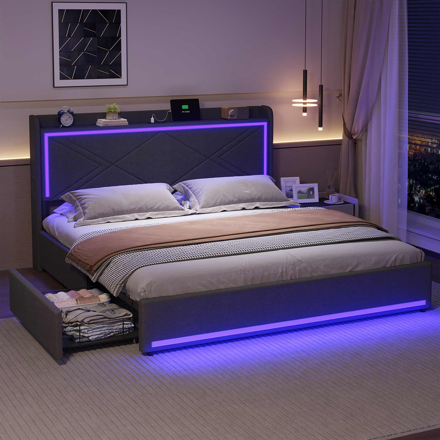 Sikaic Bed Frame PU Leather LED Bed Frame with Charging Station Storage Headboard Grey