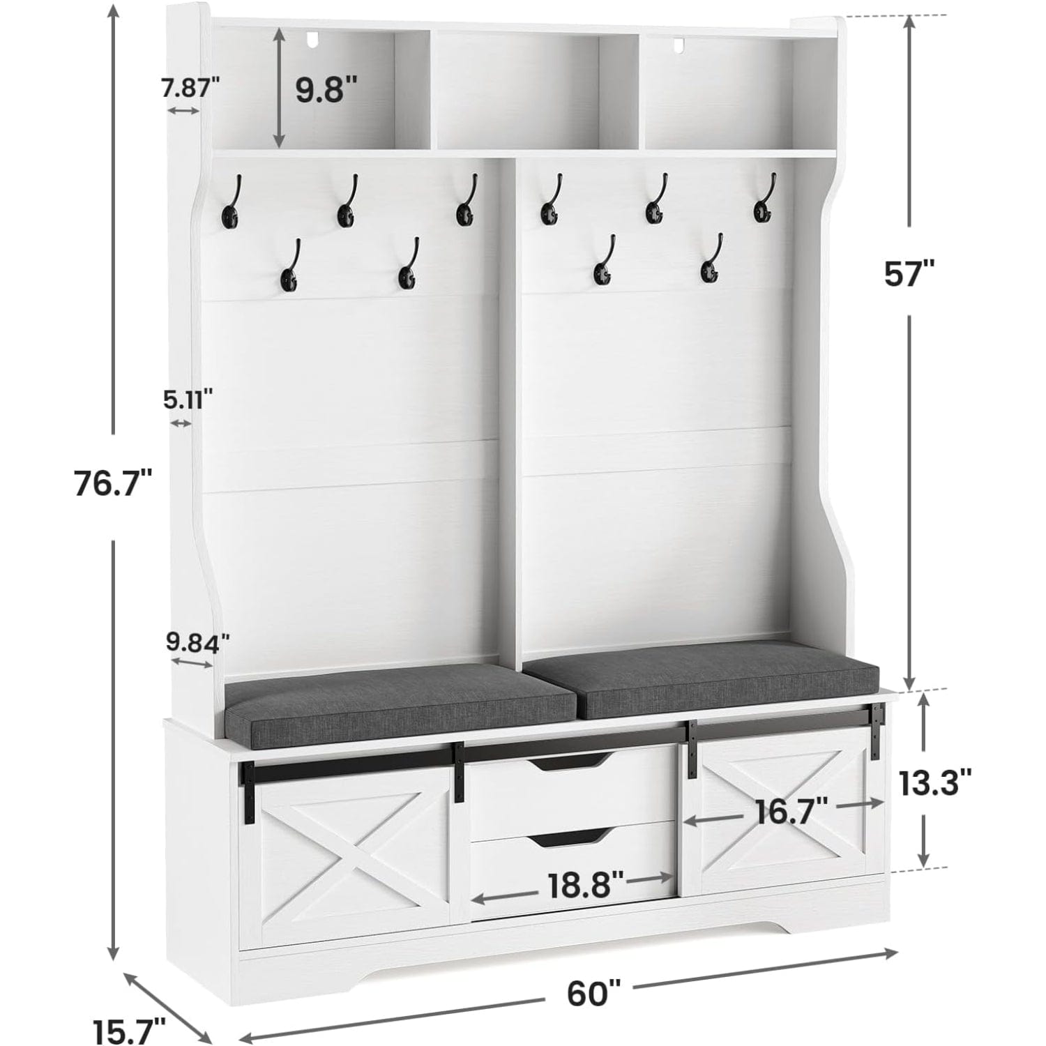 Sikaic Hall Tree 60 Inches Hall Tree with Bench and Shoe Storage White White / Engineered Wood / Farmhouse