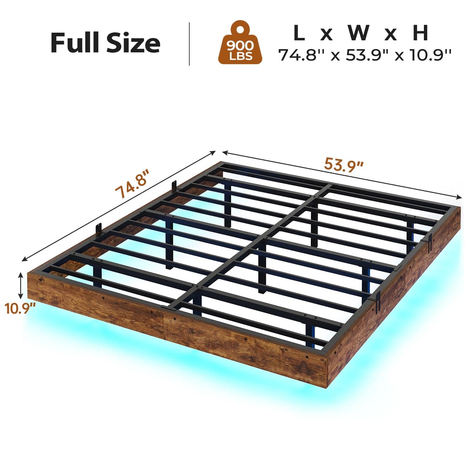Sikaic Bed Frame Floating Industrial Wooden Metal Platform Bed Frame with LED Lights Noise Free No Box Spring Needed Vintage Brown