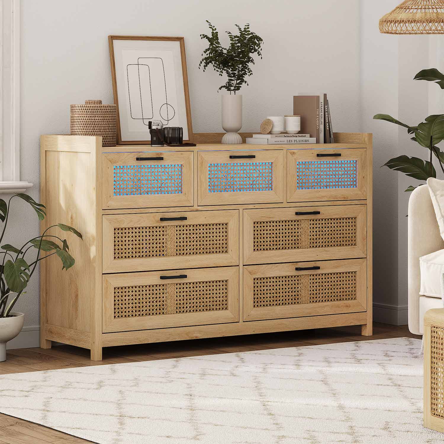 Sikaic Dressers 7 Drawer Dressers for Bedroom with Led Light Natural Rattan