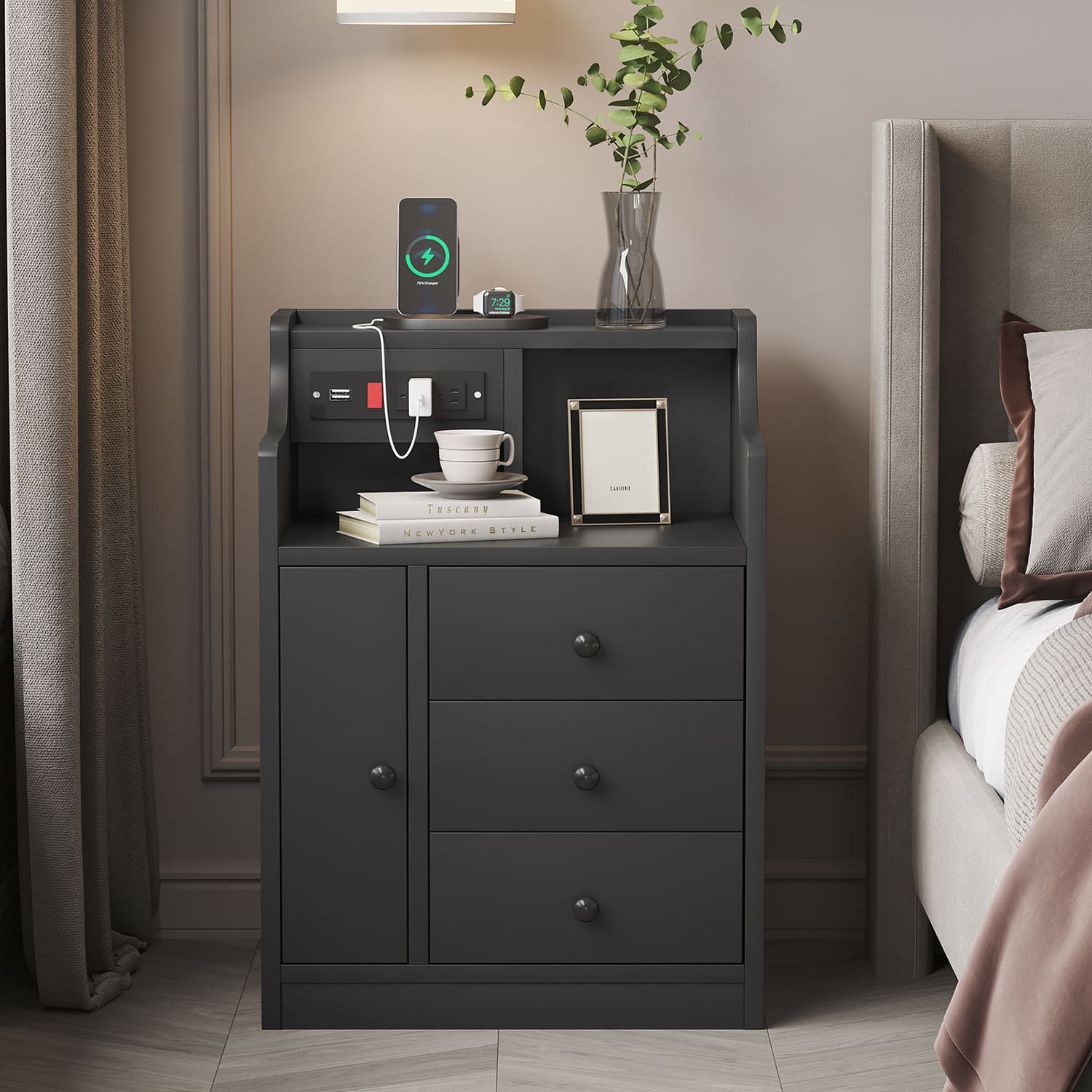 Sikaic Nightstand Nightstand with Charging Station Drawers Black