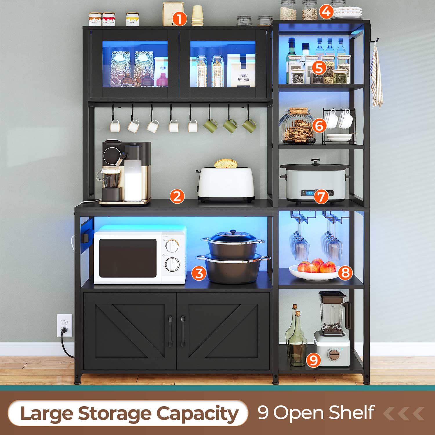 Sikaic Coffee Bar 45.3 Inches Farmhouse Coffee Bar Bakers Rack with Power Outlet and LED Light  Cabinet Kitchen with Storage Black