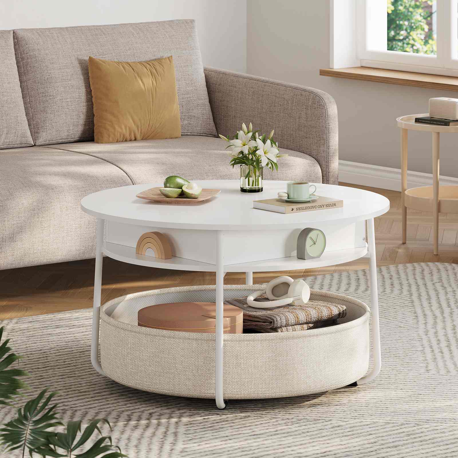 Sikaic Coffee Table Lift Top Round Coffee Table with Fabric Basket White White / Engineered Wood / Modern