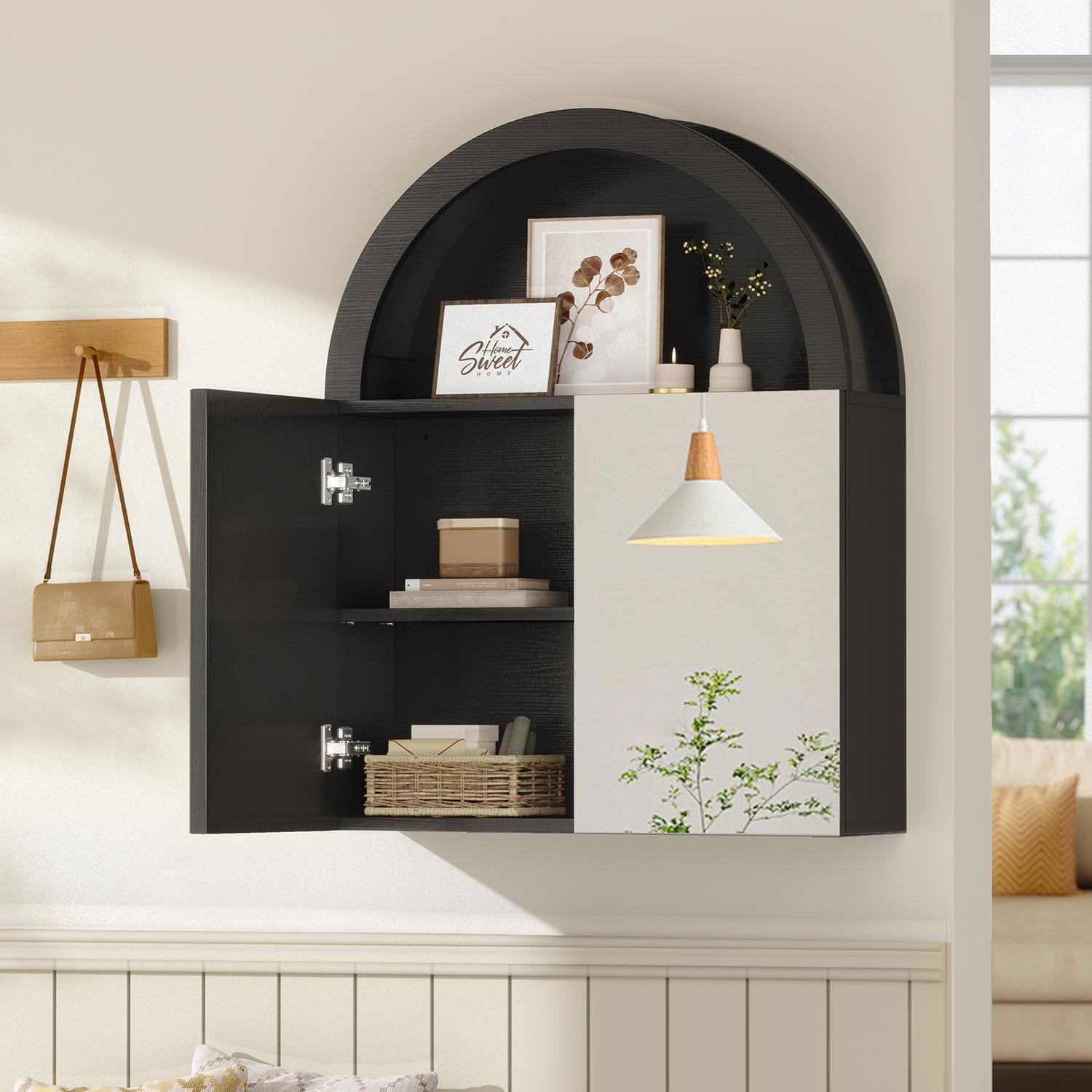 Sikaic Medicine Cabinet Arched Bathroom Wall Cabinet with High Gloss Mirror Black Black / Engineered Wood / Modern