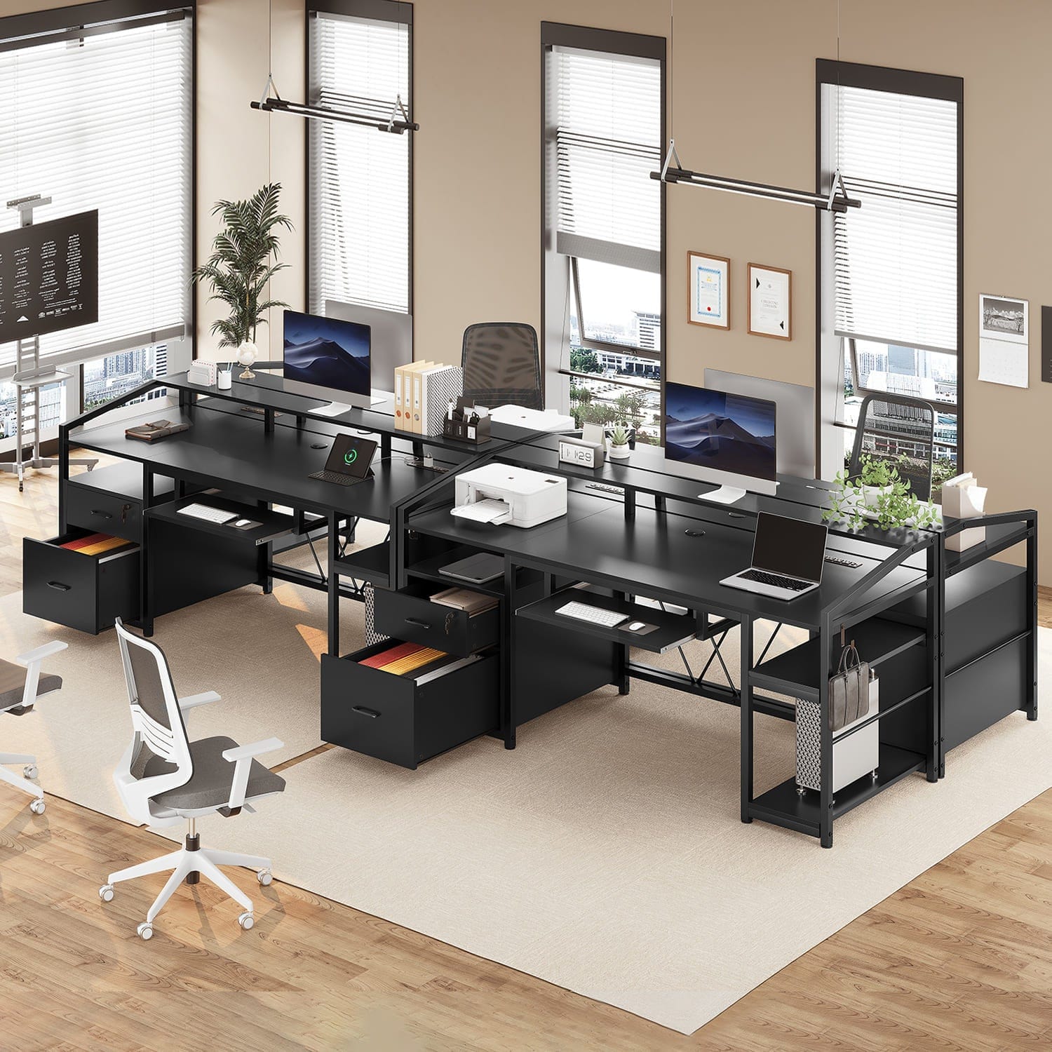 Sikaic Gaming Desk 63 Inches Gaming Desk with LED Light Drawers Black