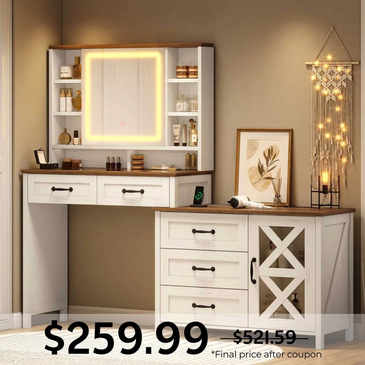 Sikaic Makeup Vanity LED Glass Top Makeup Vanity with Mirror White White / Glass / Farmhouse