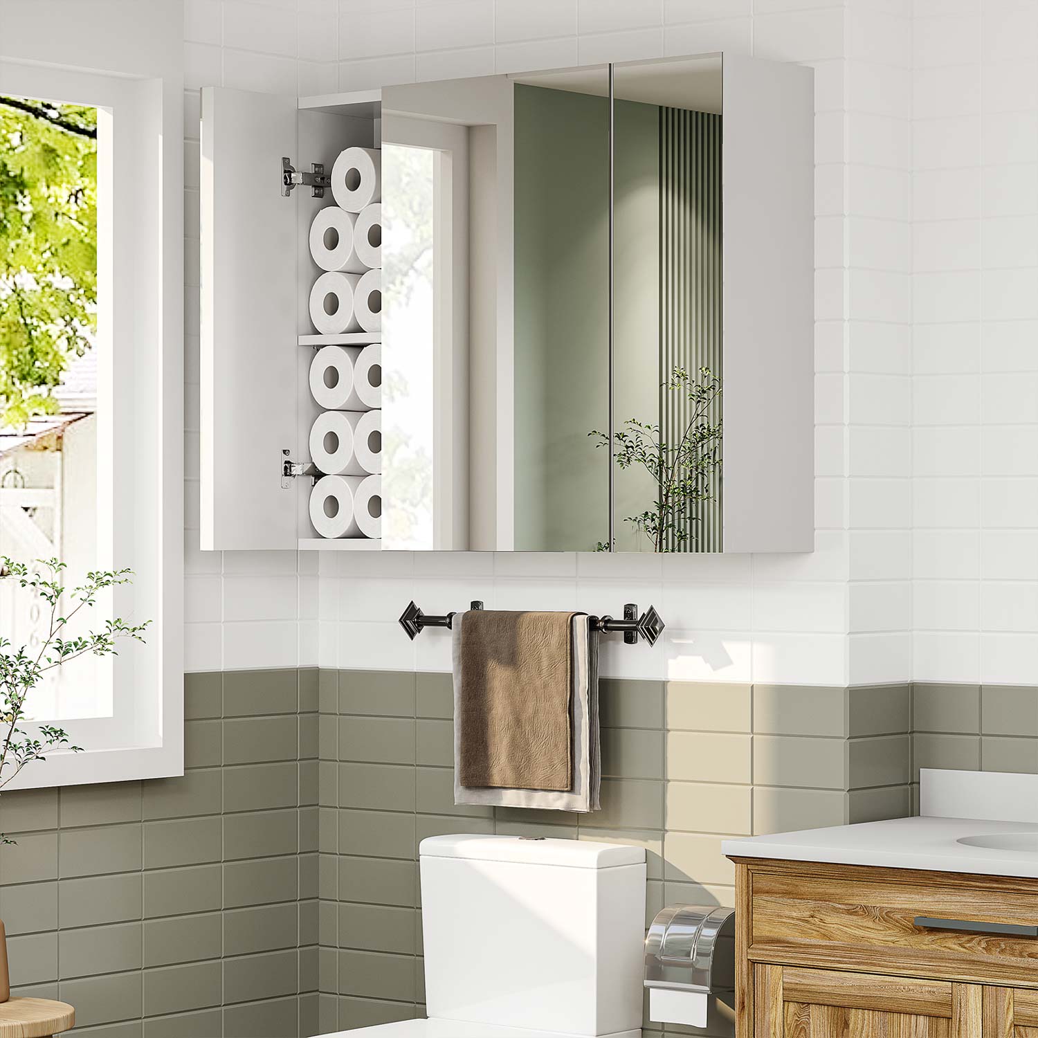 Sikaic Medicine Cabinets Medicine Cabinet with 3 Doors Mirror 3-Adjustable Shelves Storage Organizer White