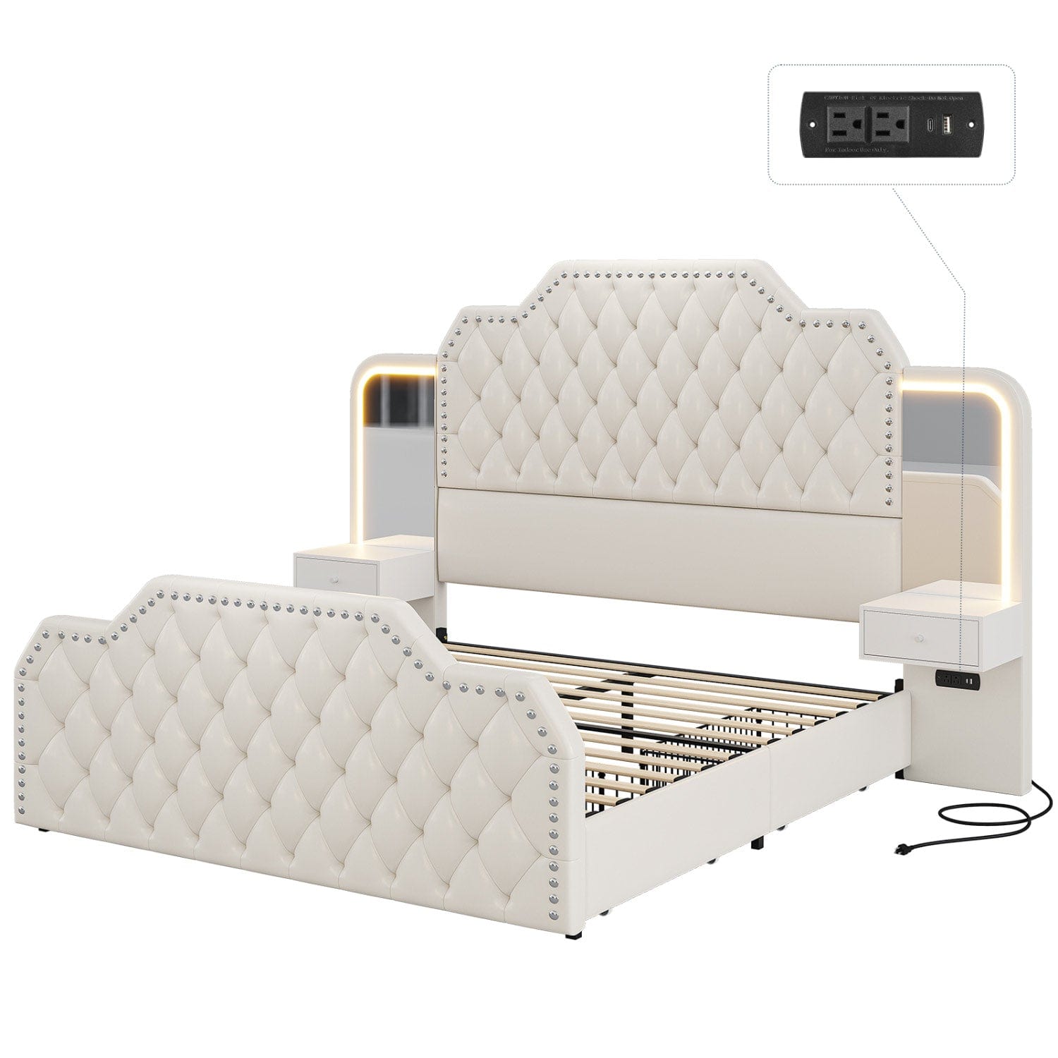 Sikaic Bed Frame PU Leather Upholstered Led Bed Frame with Storage Drawers Outlets & Nightstands White