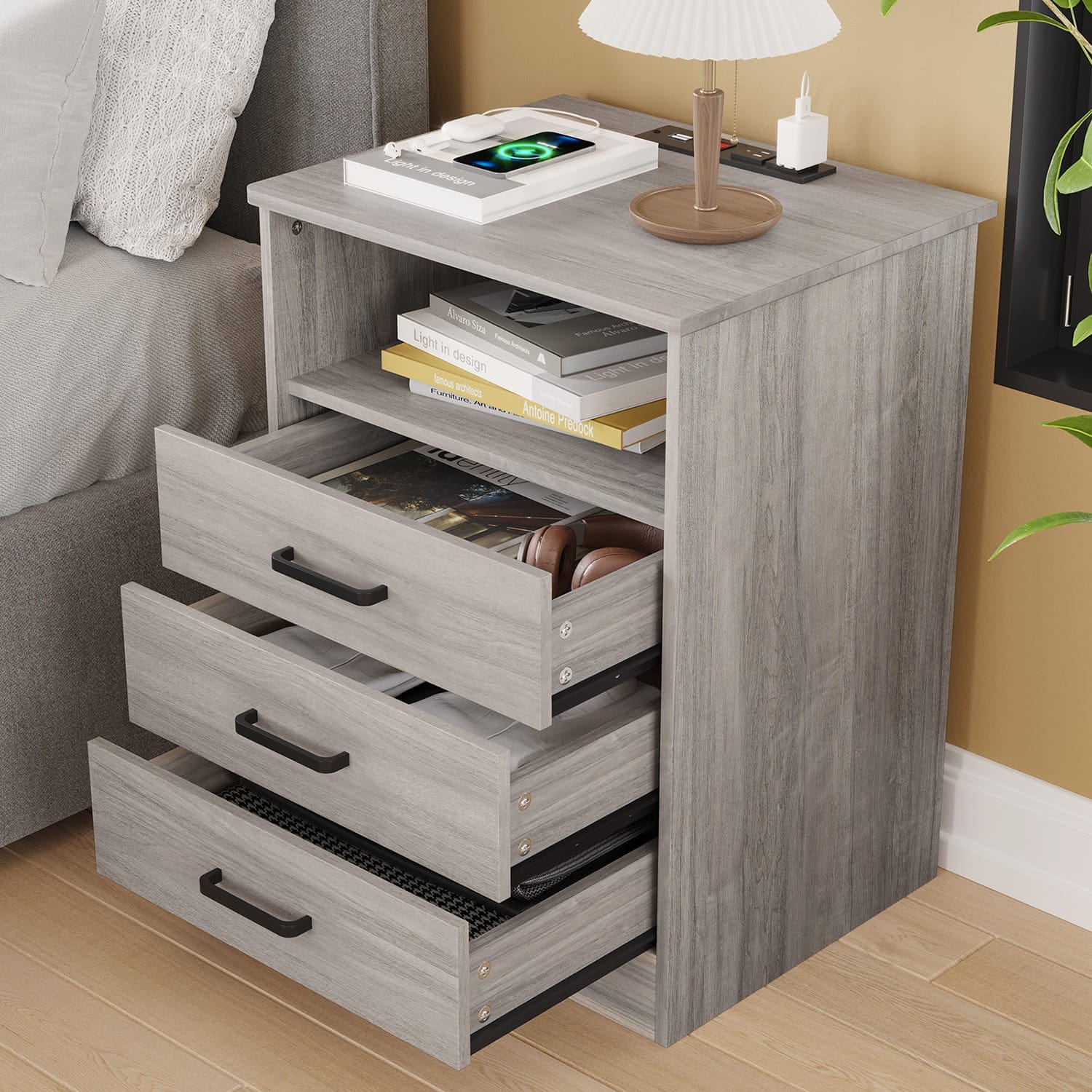Sikaic Nightstand with 3 Drawers USB Port Grey