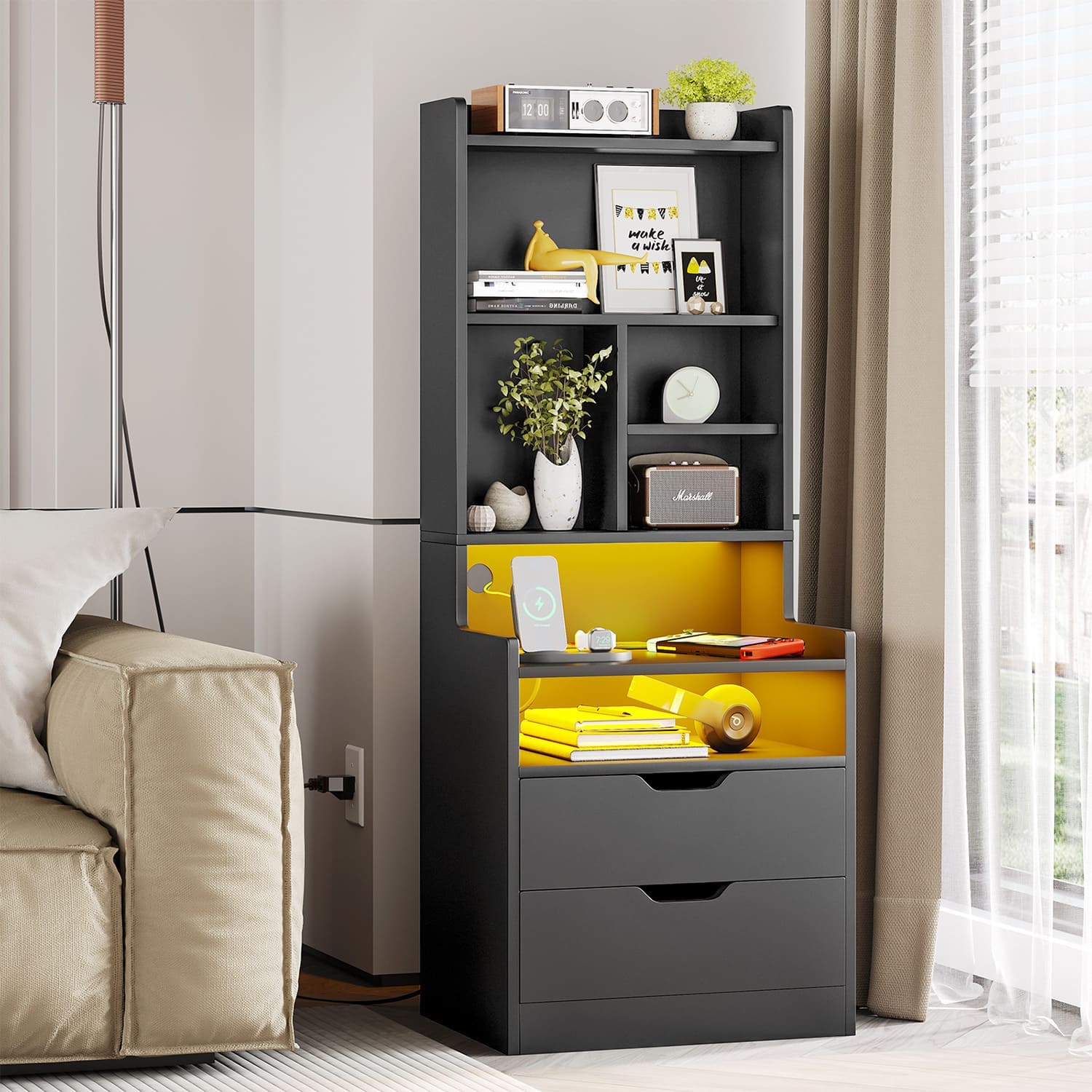 Sikaic Nightstand LED Nightstand with Bookshelf Charging Station Black