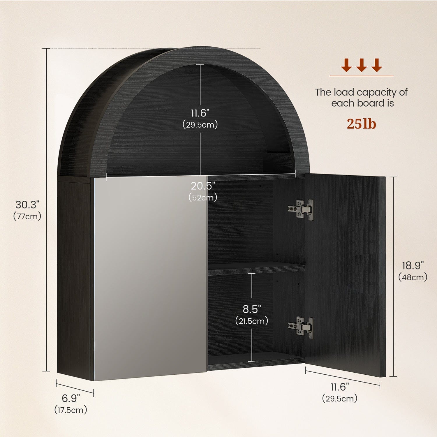 Sikaic Medicine Cabinet Arched Bathroom Wall Cabinet with High Gloss Mirror Black Black / Engineered Wood / Modern