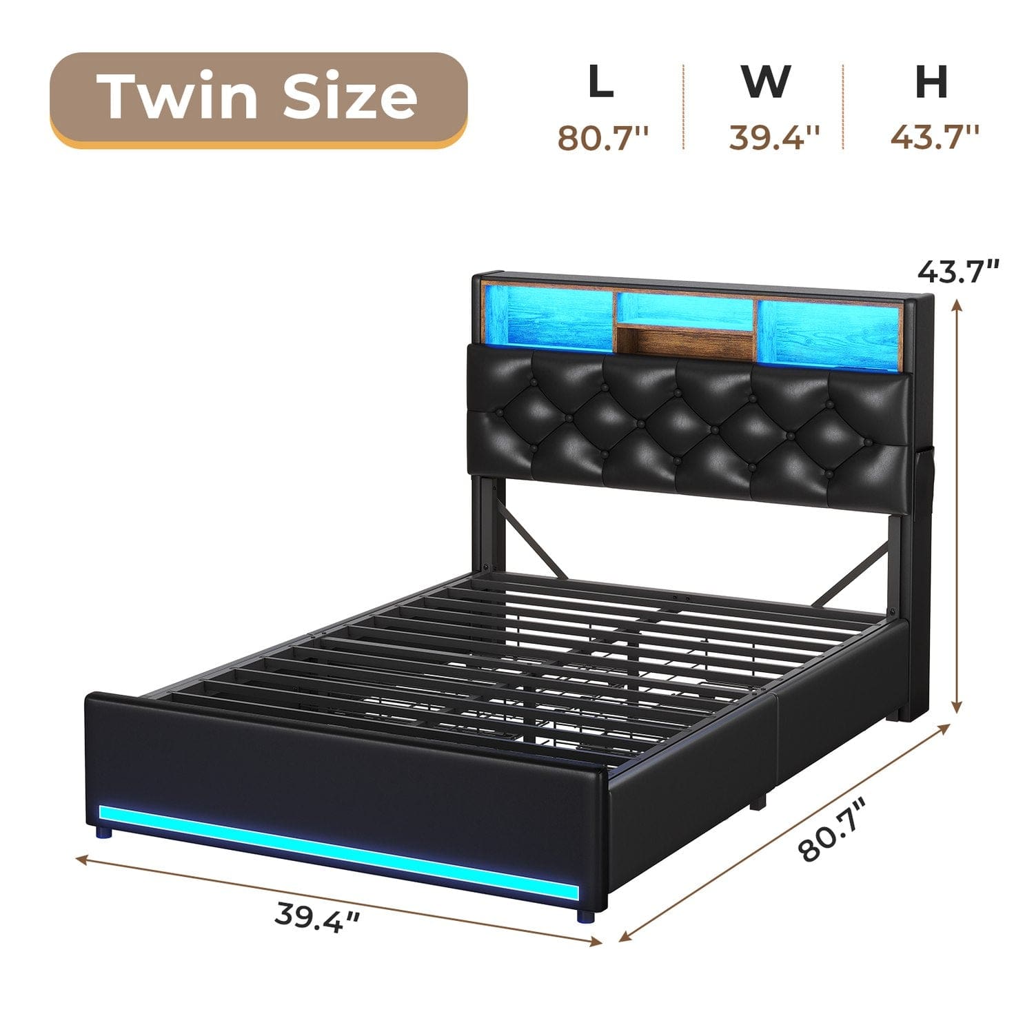 Sikaic Bed Frame Upholstered Platform Bed Frame with LED Lights & Charging Station Hidden Storage Headboard and 4 Drawers PU Black