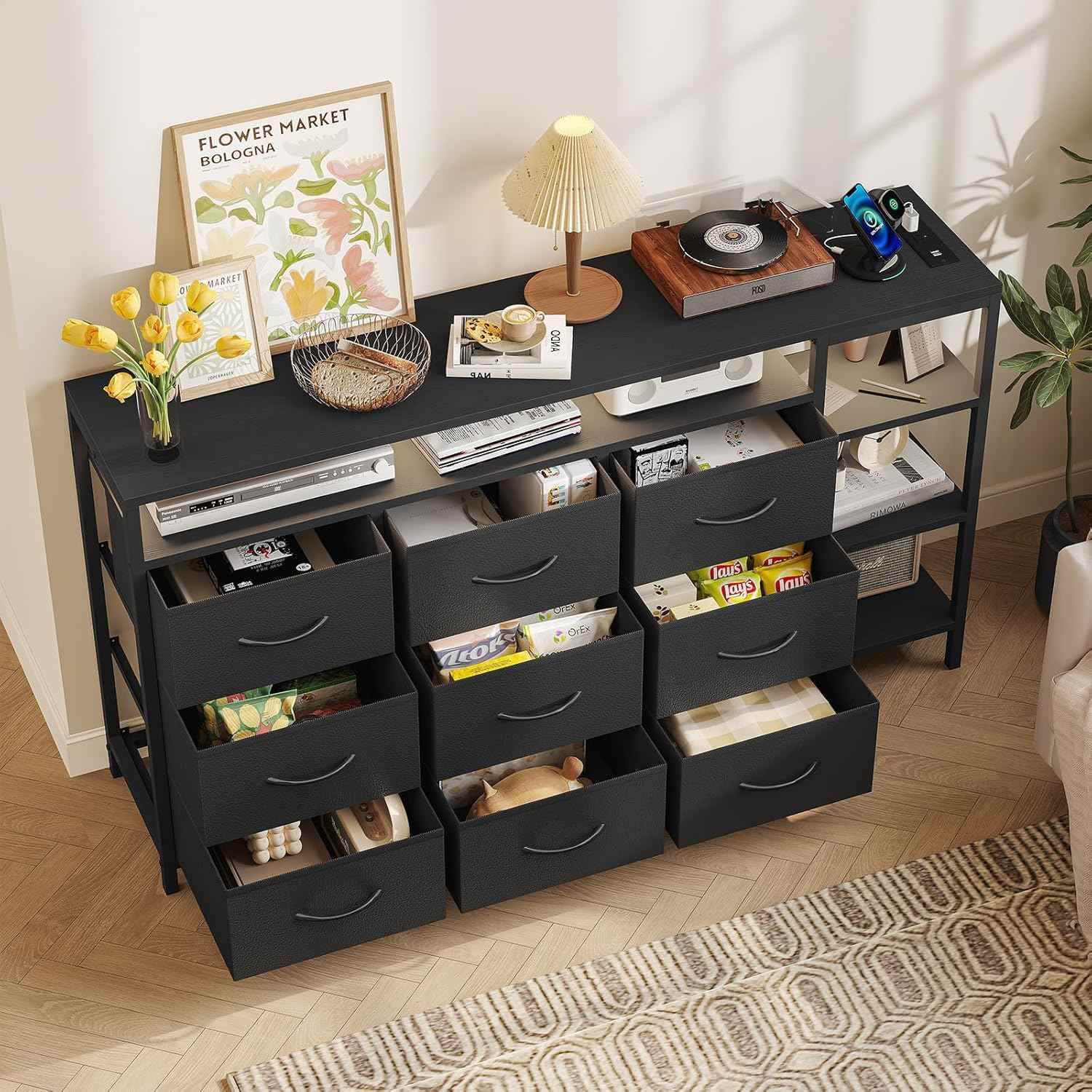 Sikaic TV Stands 60 Inches LED TV Stand with Charging Station and 9 PU & Fabric Drawers Black Black / Engineered Wood / Modern