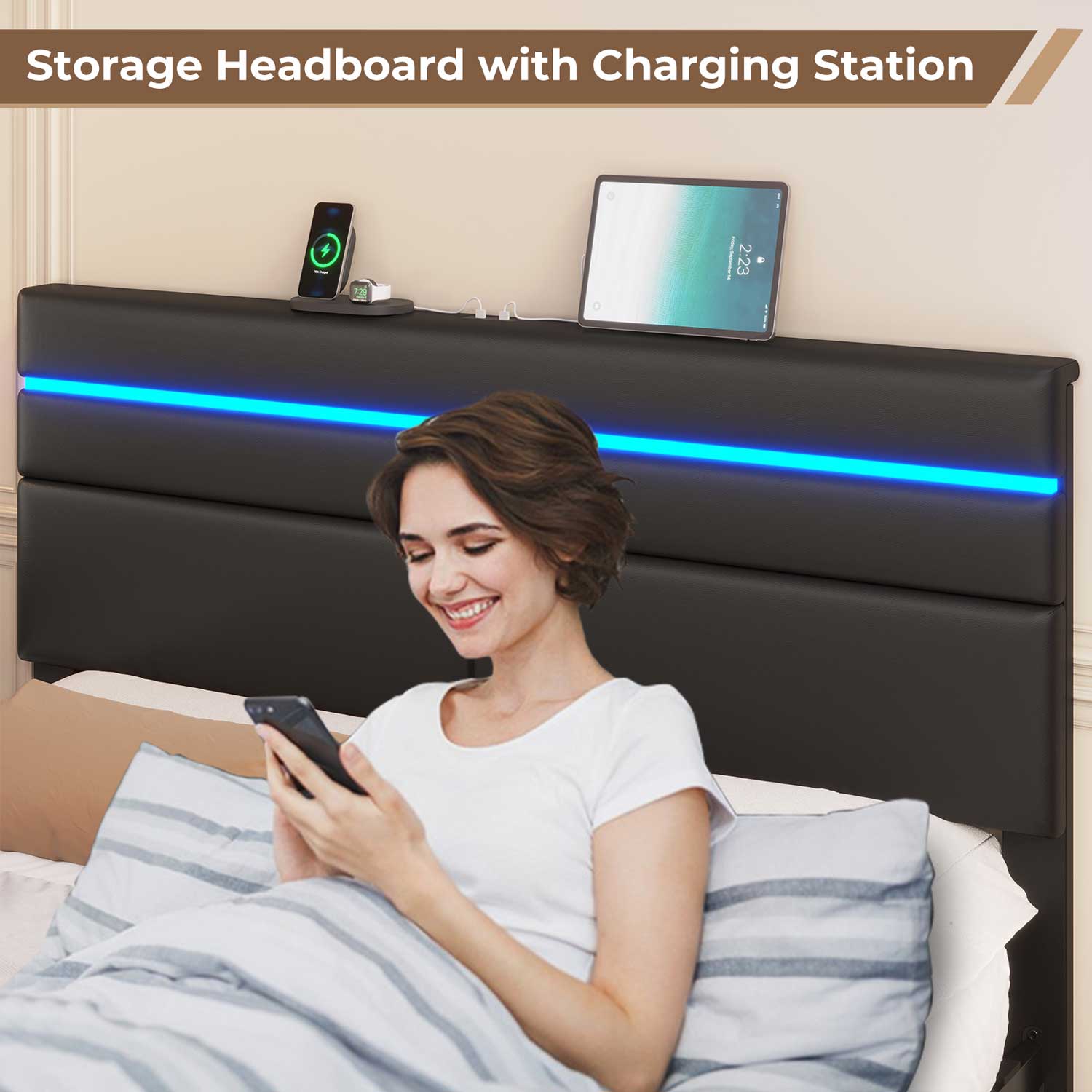 Sikaic Bed Frame Platform Metal Bed Frame with Charging Station and  LED Lights Headboard & 4 Drawers No Box Spring Needed Black